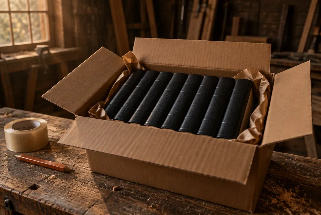 Illustrative: a shipping box packed with black Bibles on a cedar workbench