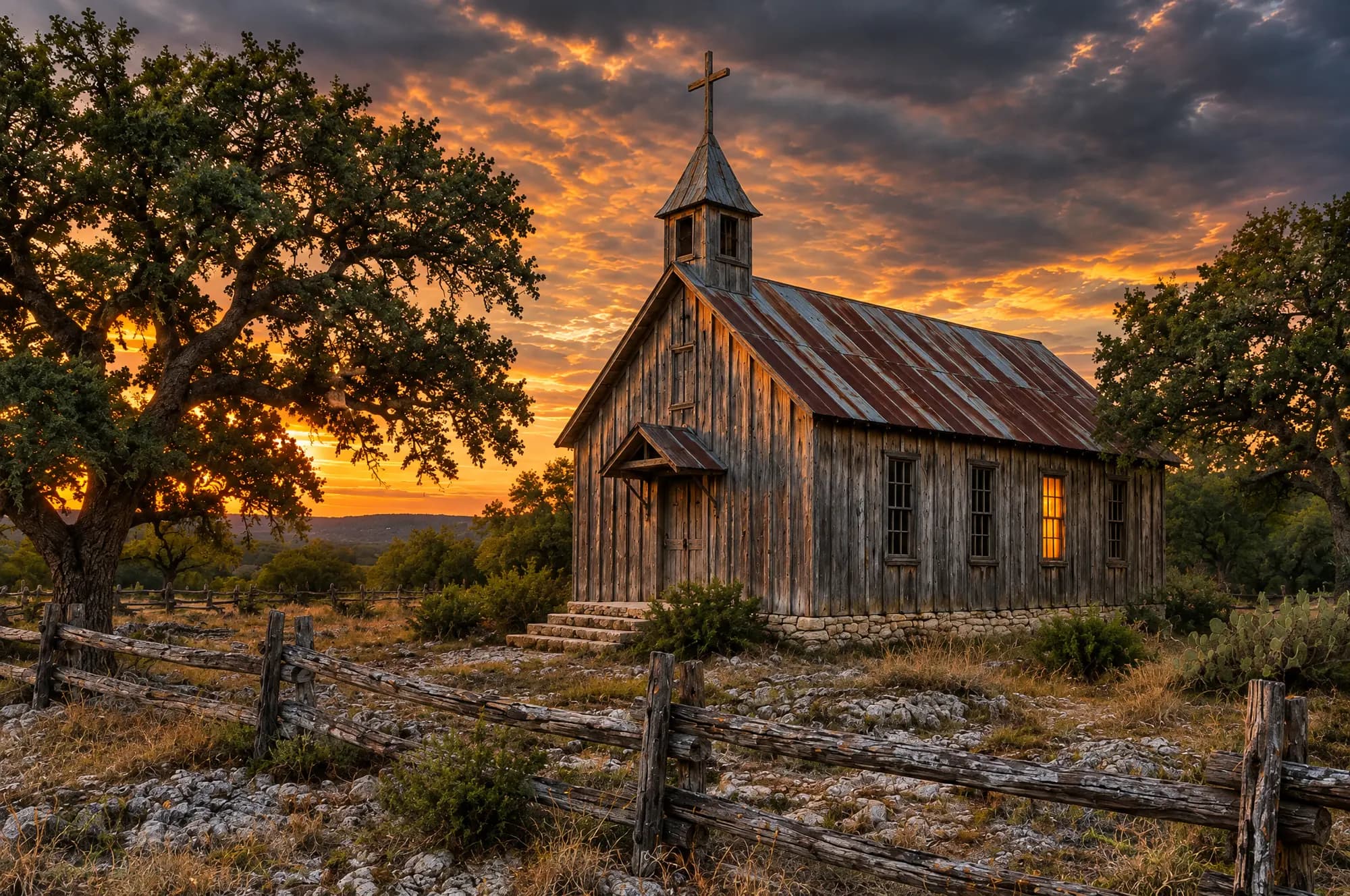 Illustrative: a small weathered cedar church under live oaks at dusk in the Texas Hill Country