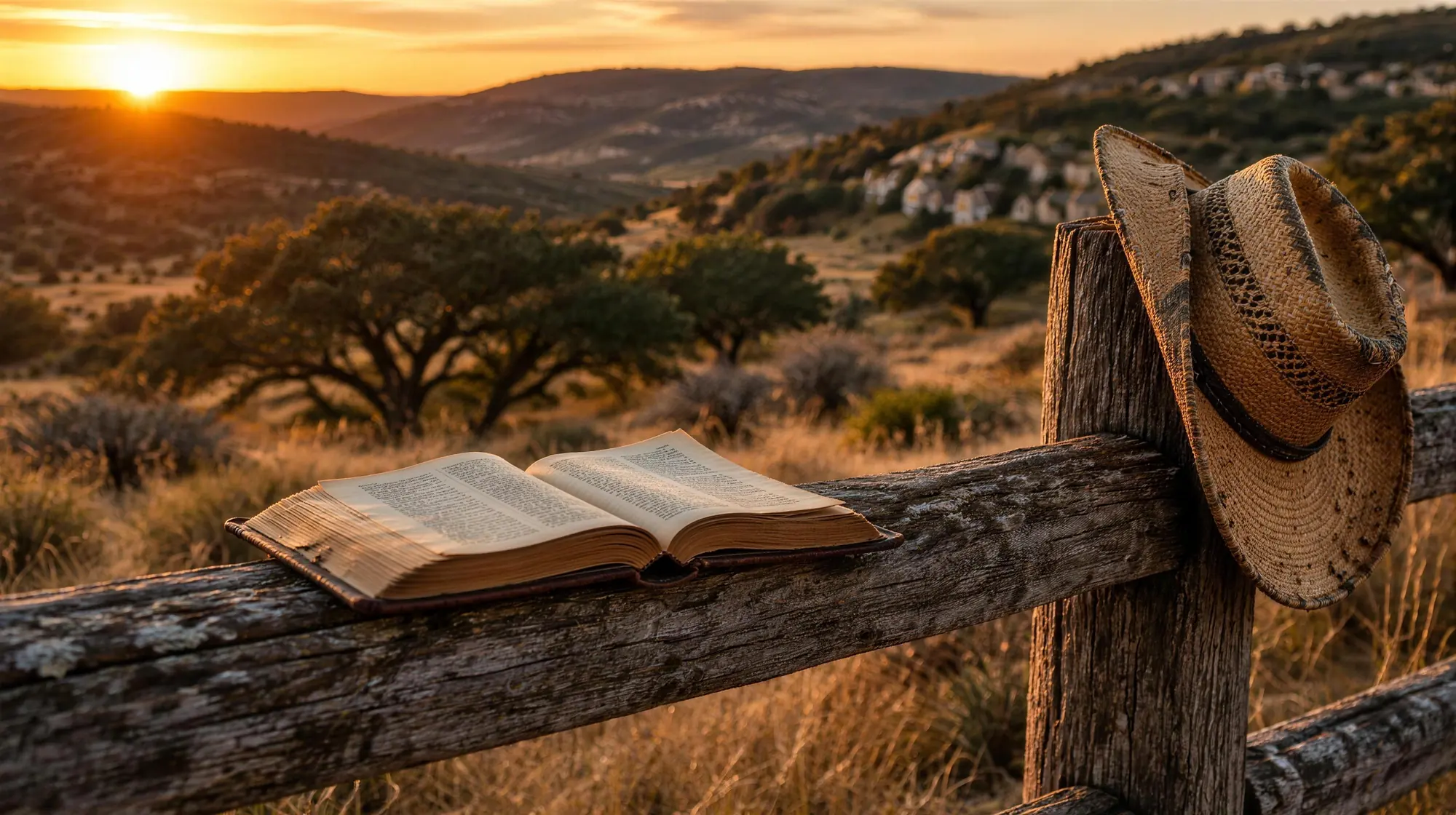 Illustrative: an open Bible on a cedar fence rail beside a straw hat at sunset in the Texas Hill Country