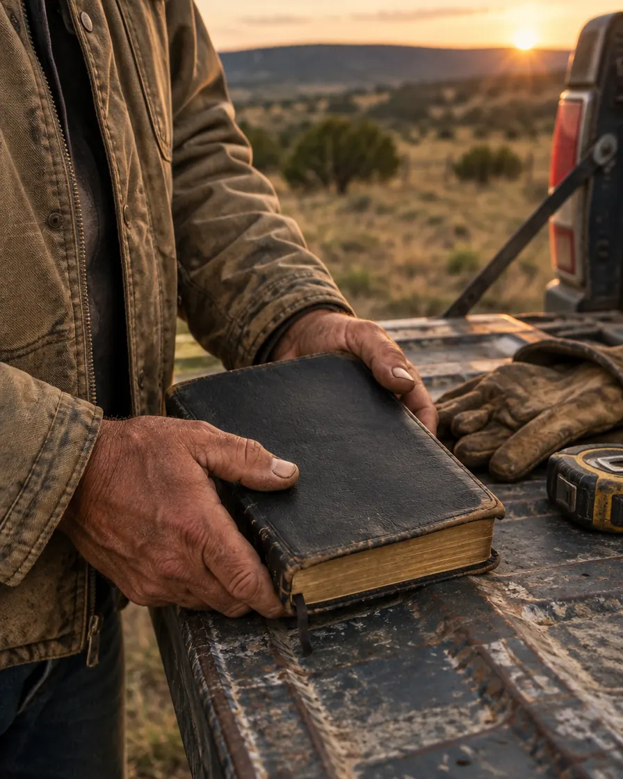 Illustrative: a working man's hands resting on a worn leather Bible on a truck tailgate, work gloves beside it
