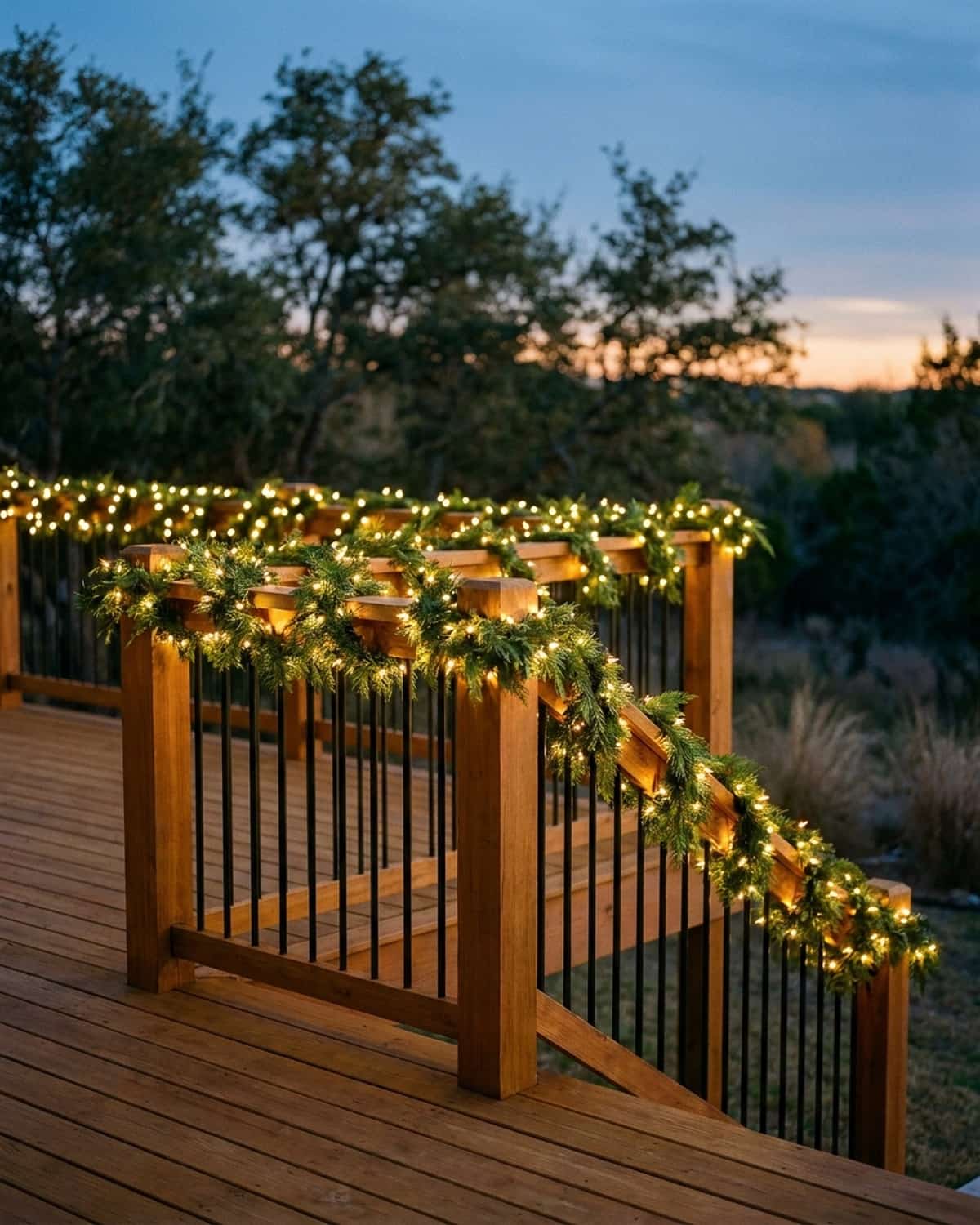 Design mockup: deck railings with warm white Christmas lights at dusk