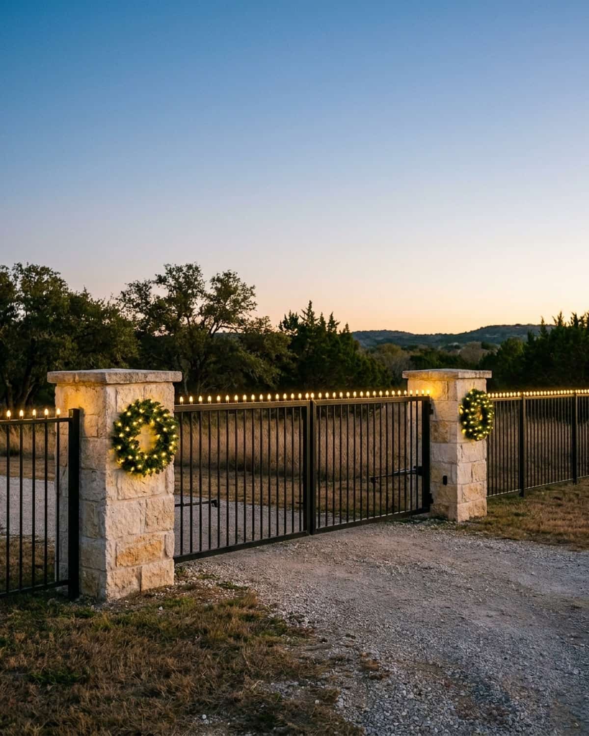 Design mockup: fences and gates with warm white Christmas lights at dusk
