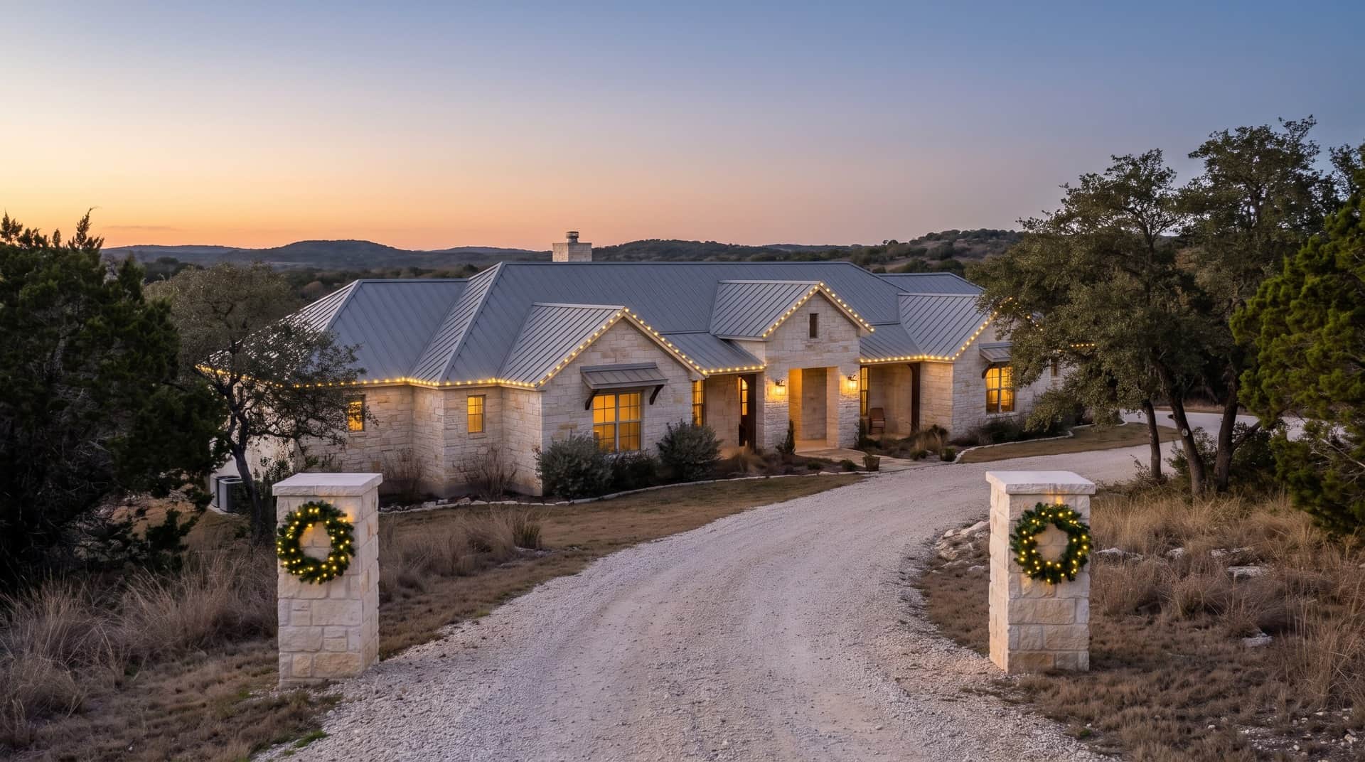 Design mockup: a rough-cut limestone ranch-style home with a standing seam metal roof on a Hill Country hillside at dusk, with warm white lights along the roofline and lit wreaths on the stone entry columns