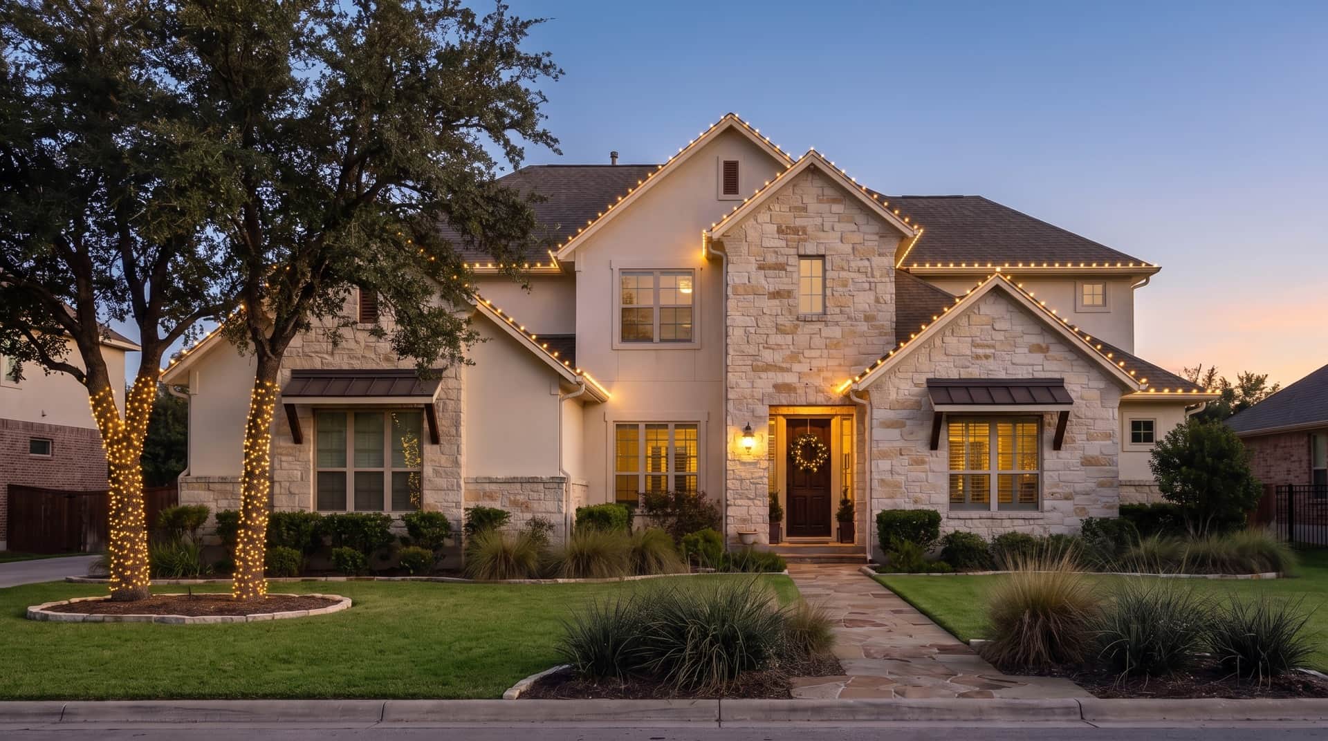 Design mockup: a two-story limestone and stucco home at dusk with warm white lights along the roofline and wrapped live oak trunks