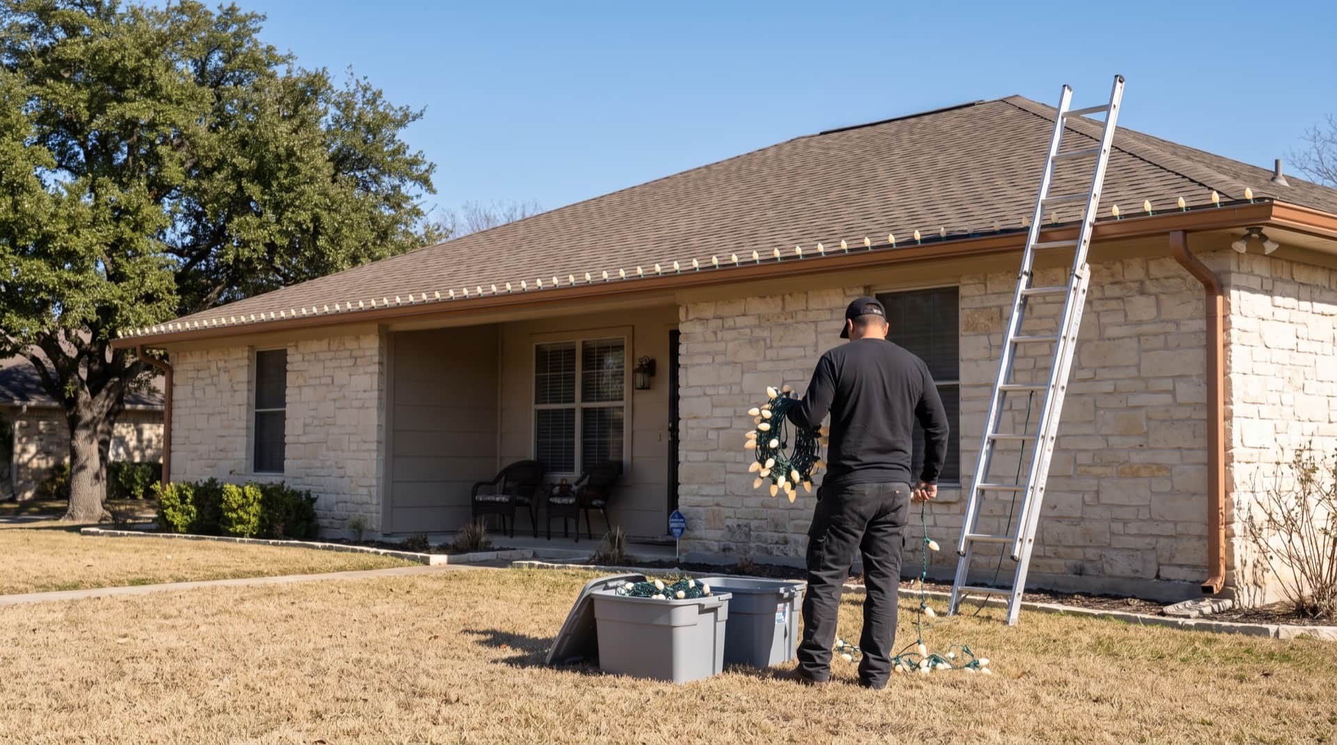 Design mockup: a worker on the lawn of a limestone home coiling a strand of Christmas lights into a storage bin, with a ladder against the gutter