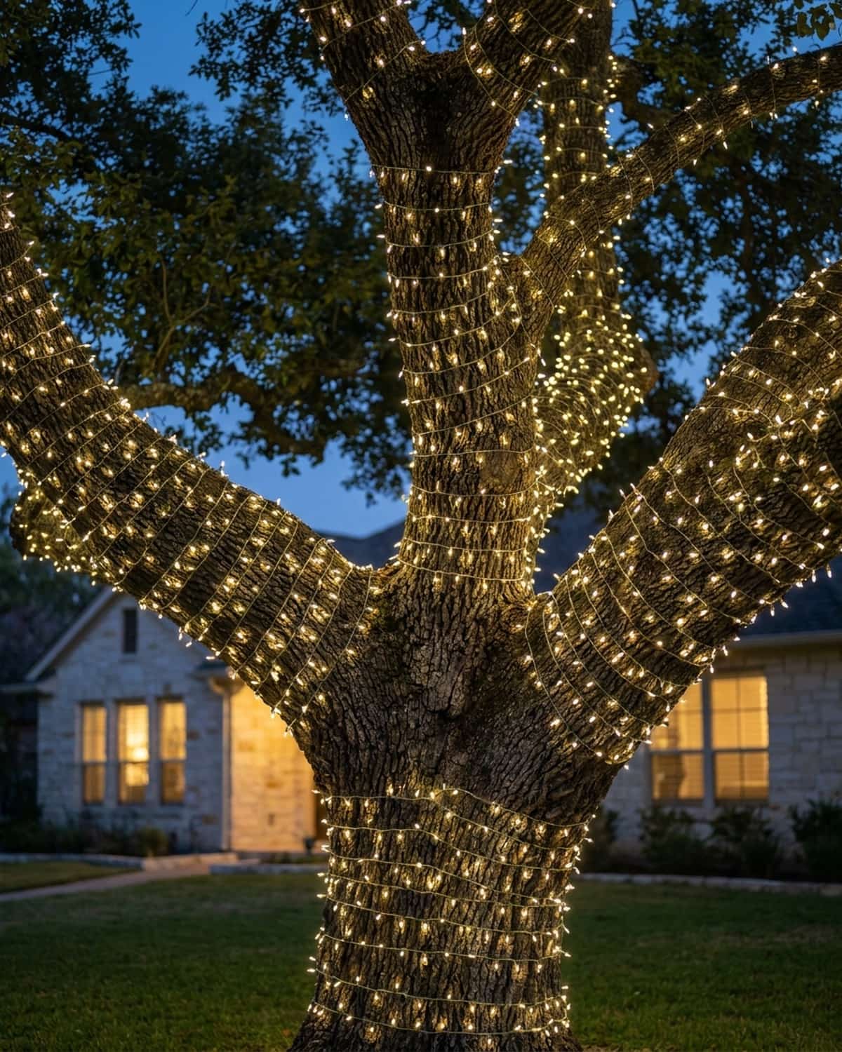 Design mockup: live oaks with warm white Christmas lights at dusk