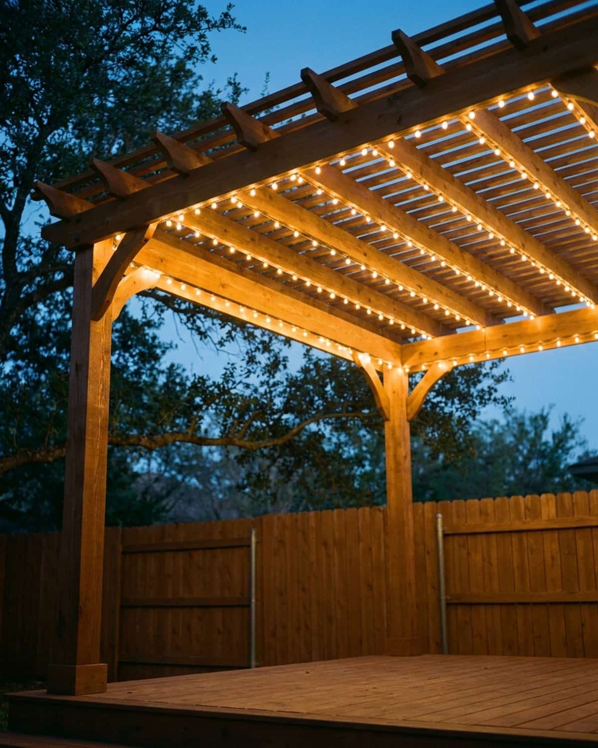 Design mockup: pergolas and patio covers with warm white Christmas lights at dusk