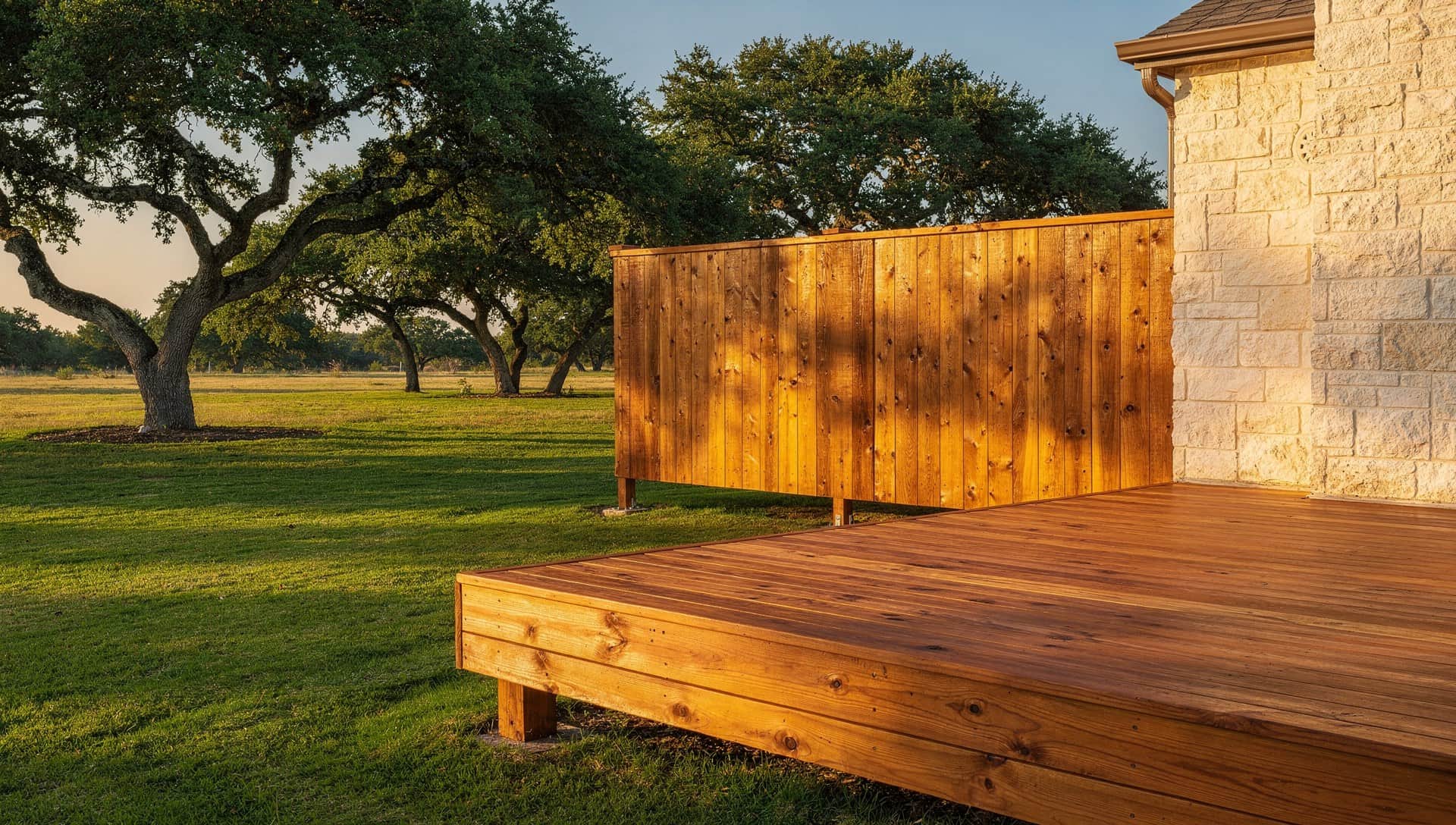 Freshly stained cedar deck and matching privacy fence at a limestone Hill Country home