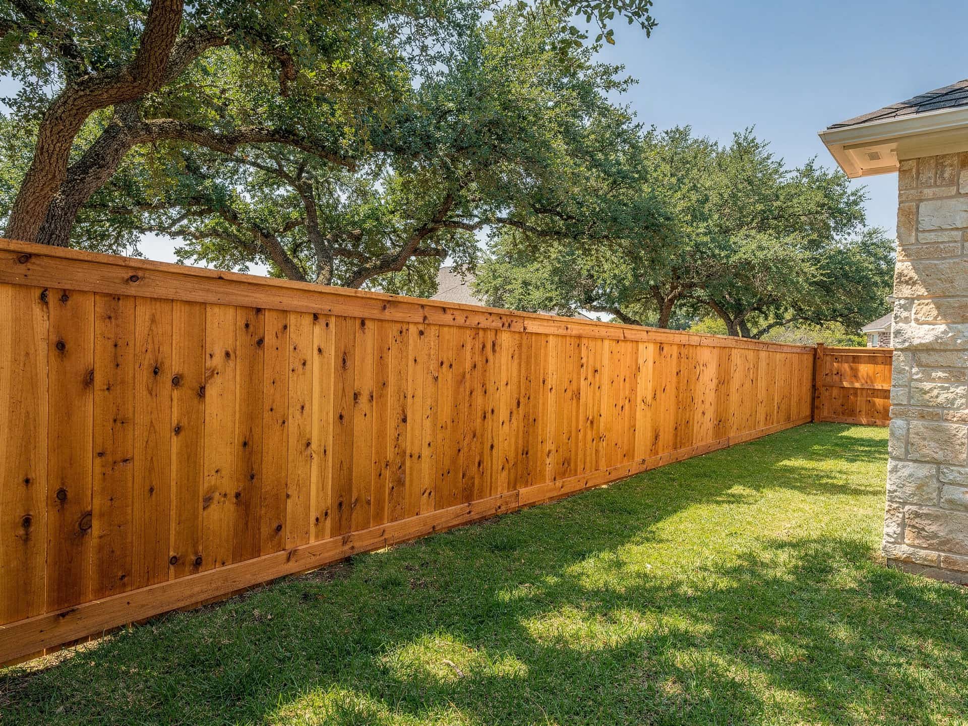Cedar privacy fence with a fresh semi-transparent stain along a lawn