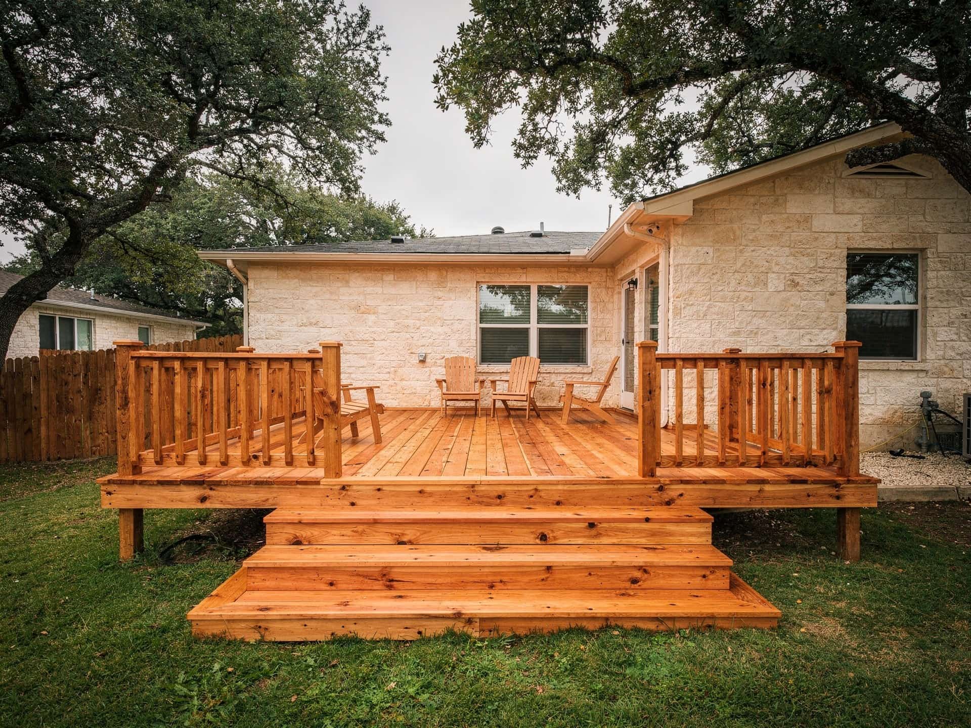 New western red cedar deck with cedar handrails and three wide steps down to the lawn