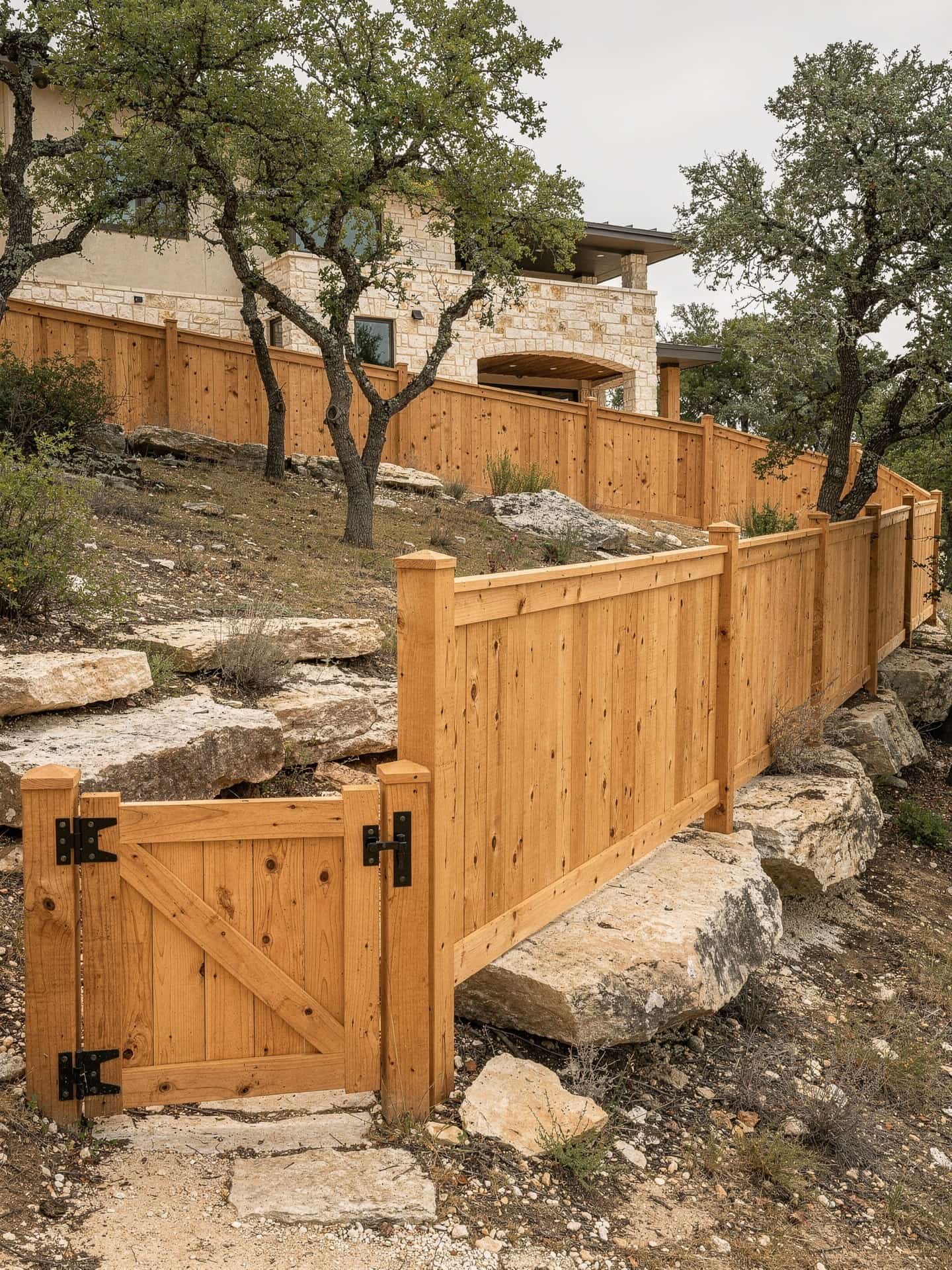 Cedar privacy fence stepping down a rocky Hill Country slope with a walk gate