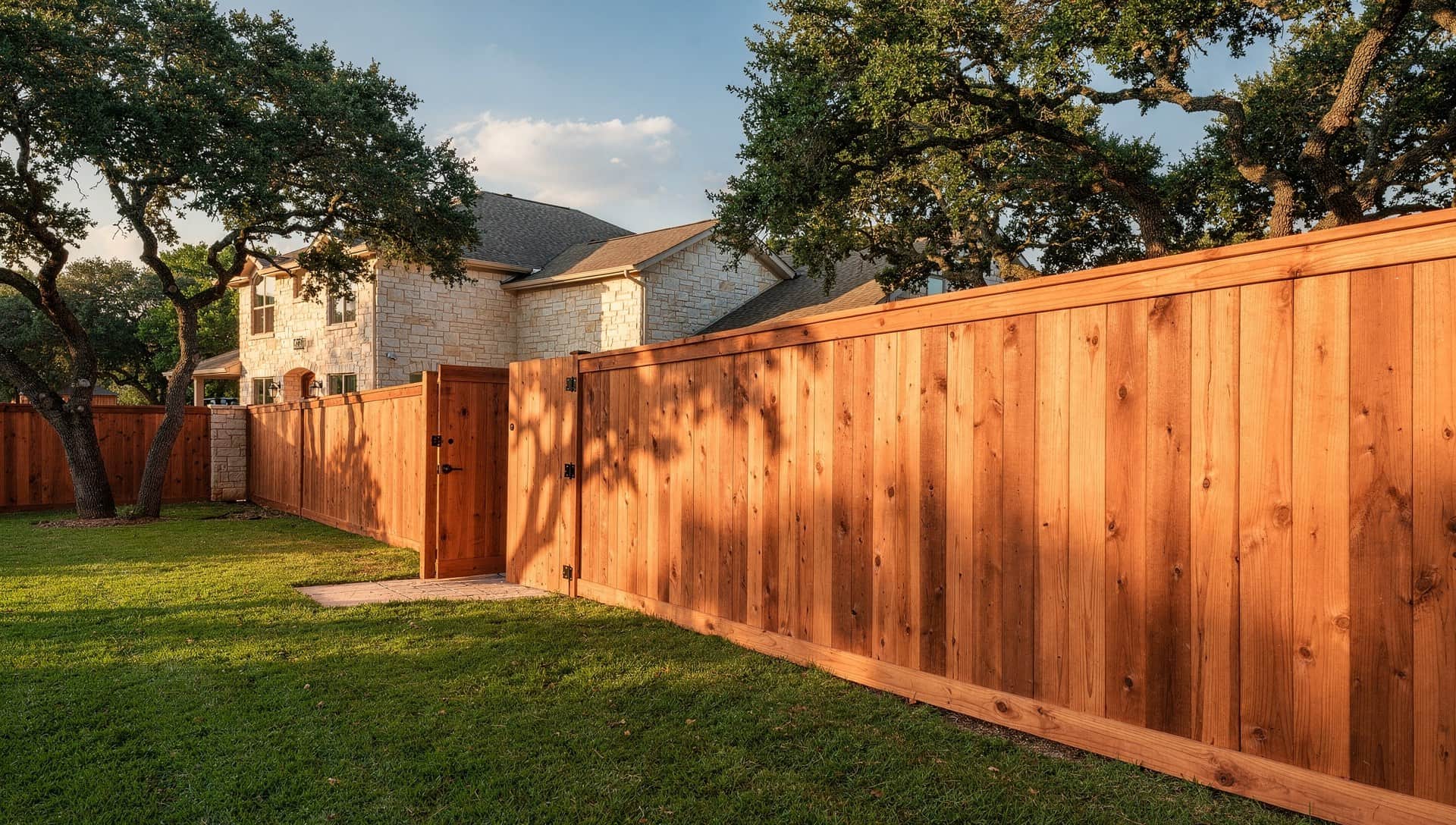 New 6 ft cedar privacy fence with a cap rail and walk gate along a lawn behind a limestone Hill Country home