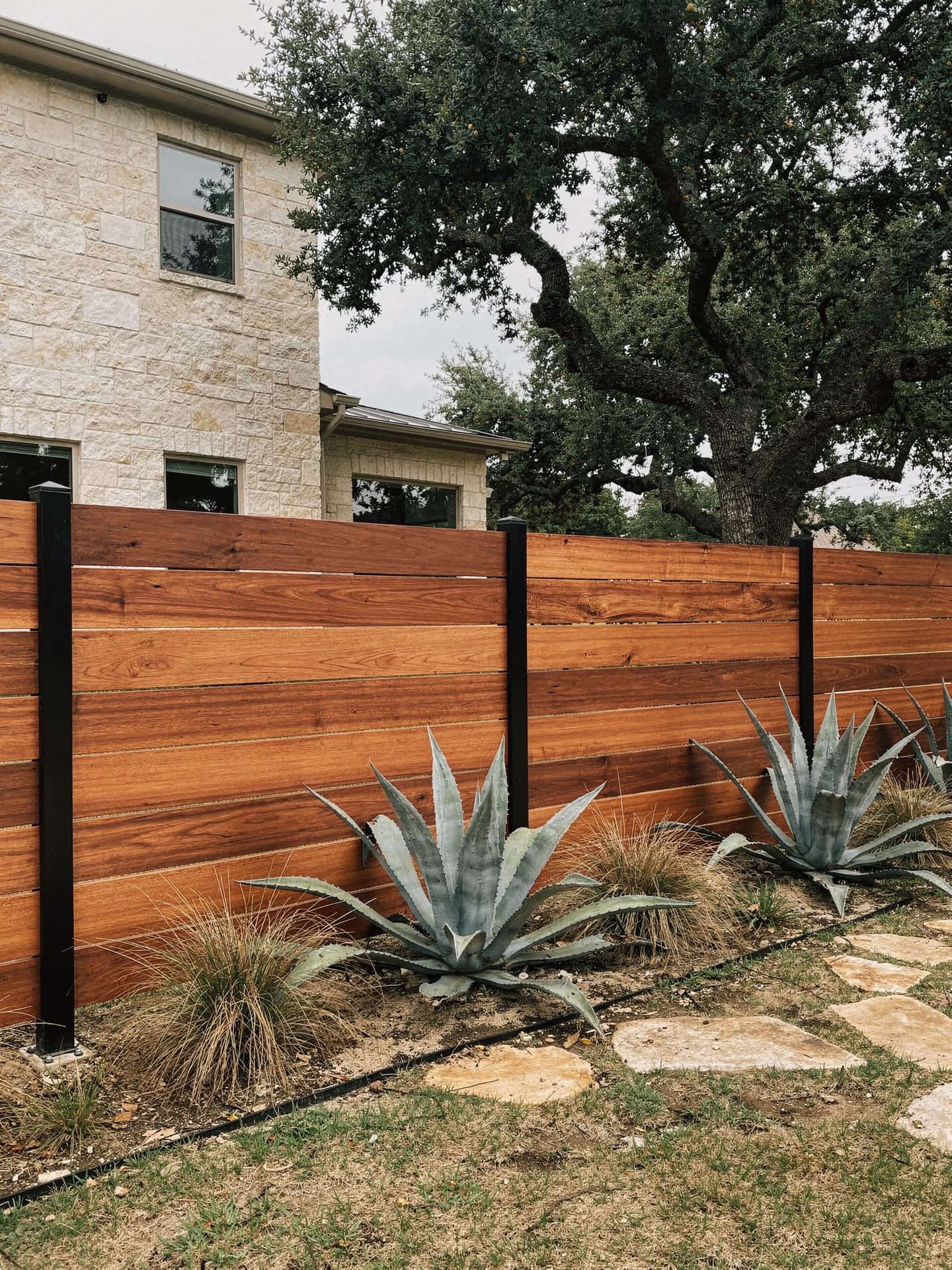 Horizontal stained cedar board fence with black steel posts in a native-plant backyard