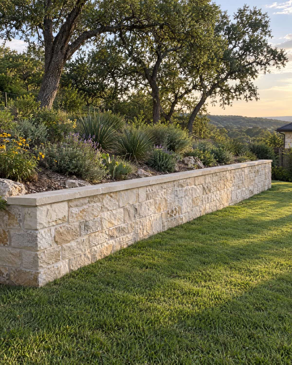 Illustrative image: a limestone block retaining wall holding a slope above a level lawn