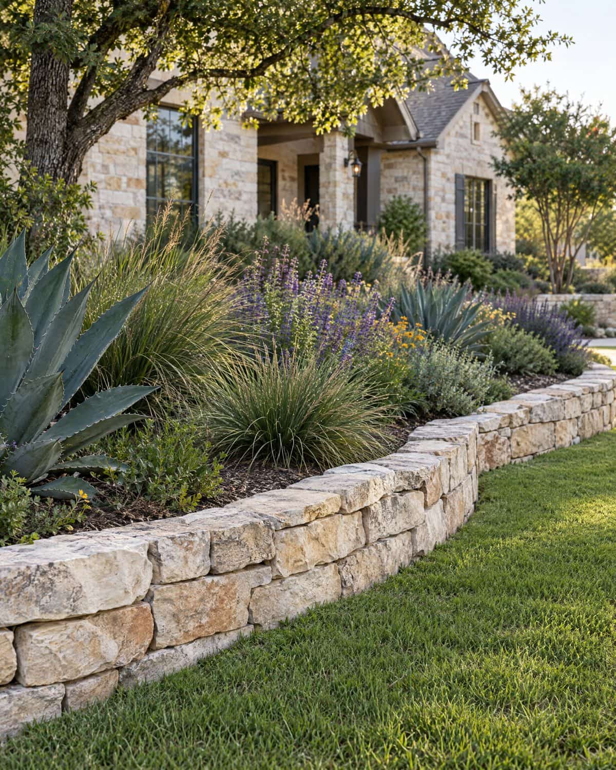 Illustrative image: a low stacked limestone border wall curving along a native planting bed