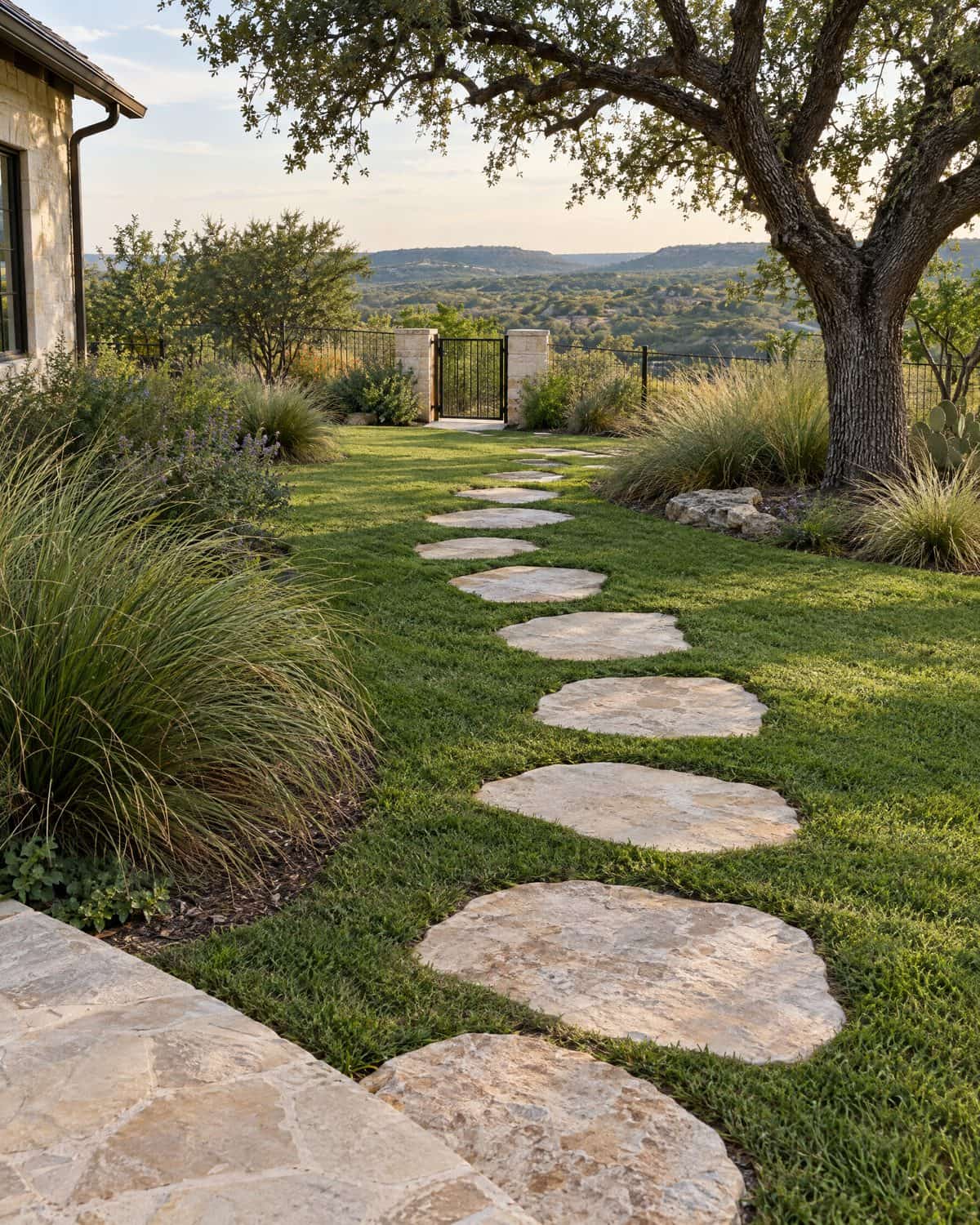 Illustrative image: flagstone stepping stones set in a lawn, curving toward a garden gate