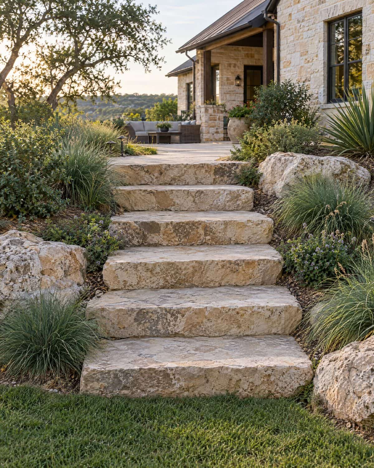 Illustrative image: wide limestone slab steps climbing from a lawn to an upper patio