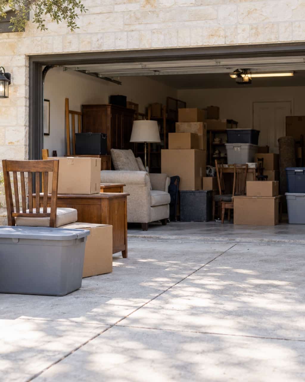 Unwanted household items gathered inside a garage