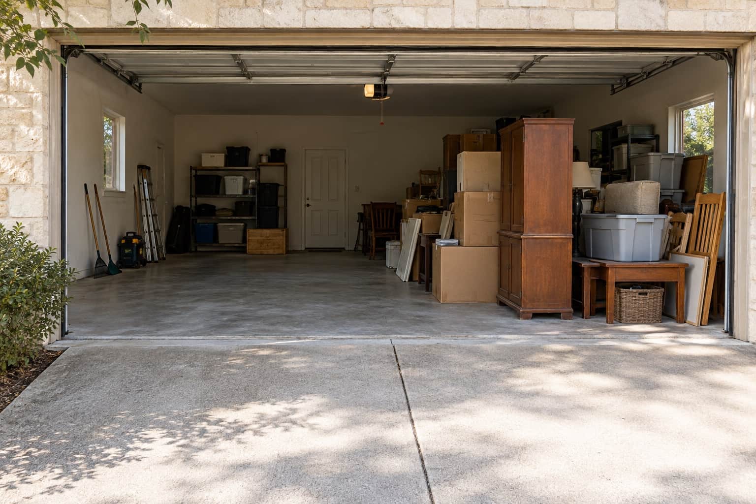 Household items gathered inside a garage during a cleanout