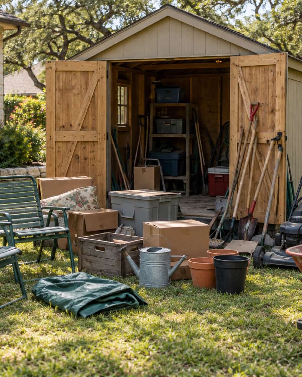 Household and yard items gathered inside a shed