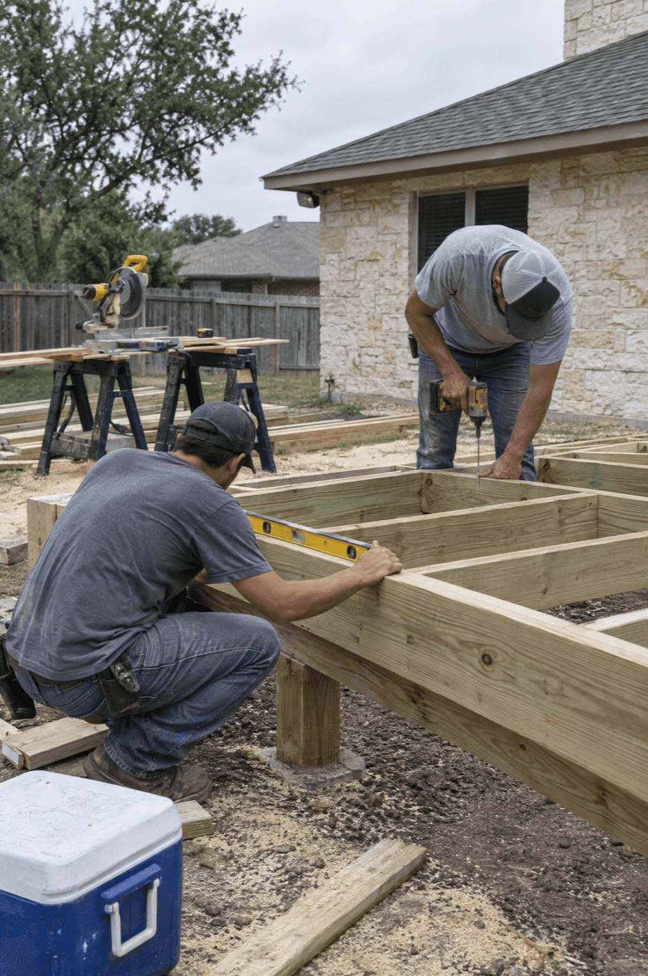 Two crew members framing a deck: one checks a joist with a level while the other drives structural screws, with a miter saw station behind them