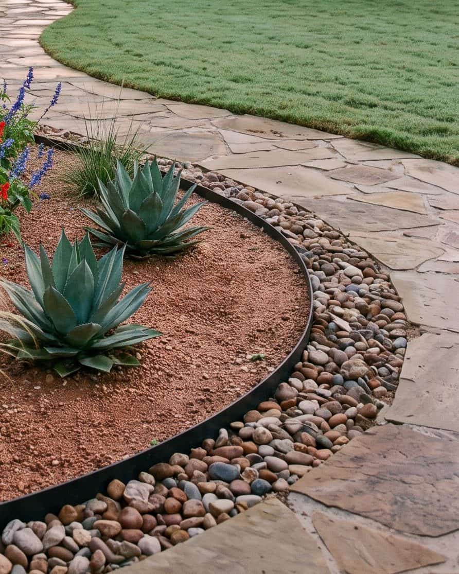 Curved flagstone path beside a steel-edged native plant bed and river rock in a San Antonio yard