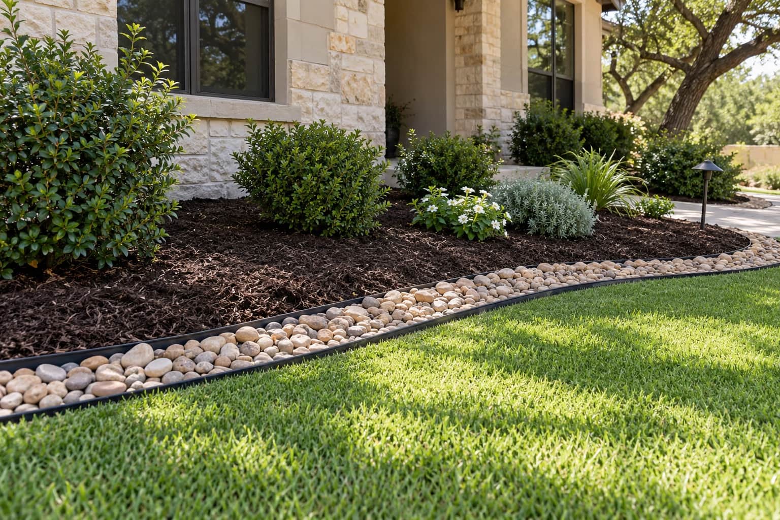 A fresh mulch bed with steel edging along the front of a limestone home