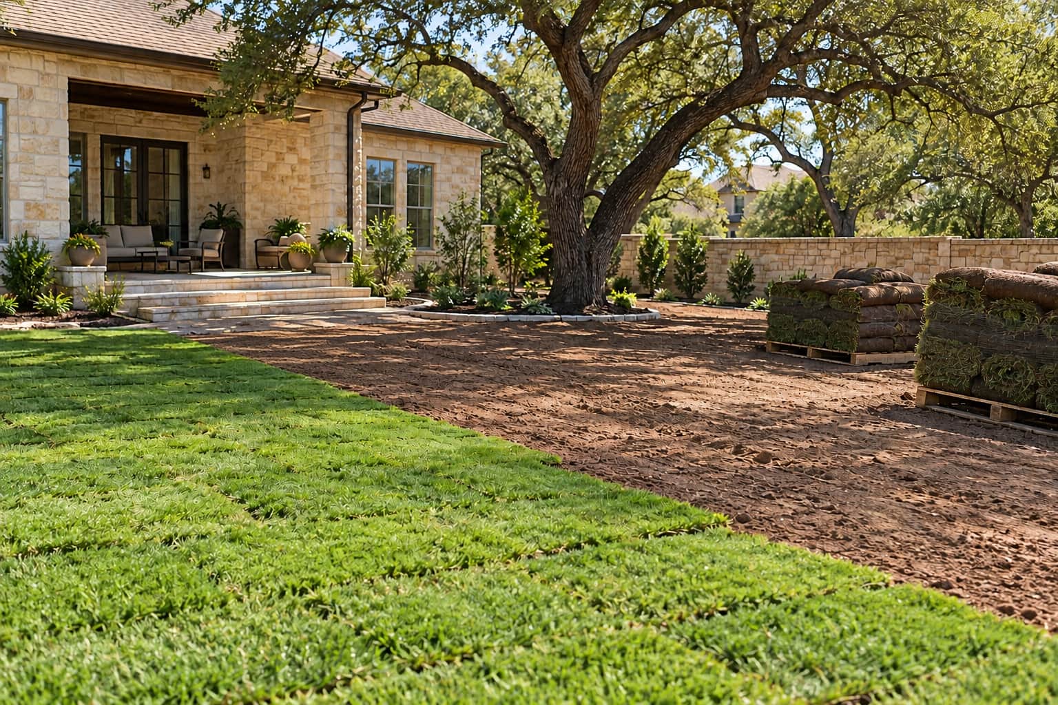 Rolls of sod being laid across a graded yard at a limestone home