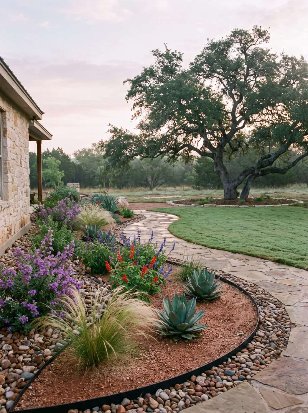 Native plant bed with steel edging and a flagstone path leading to a green lawn