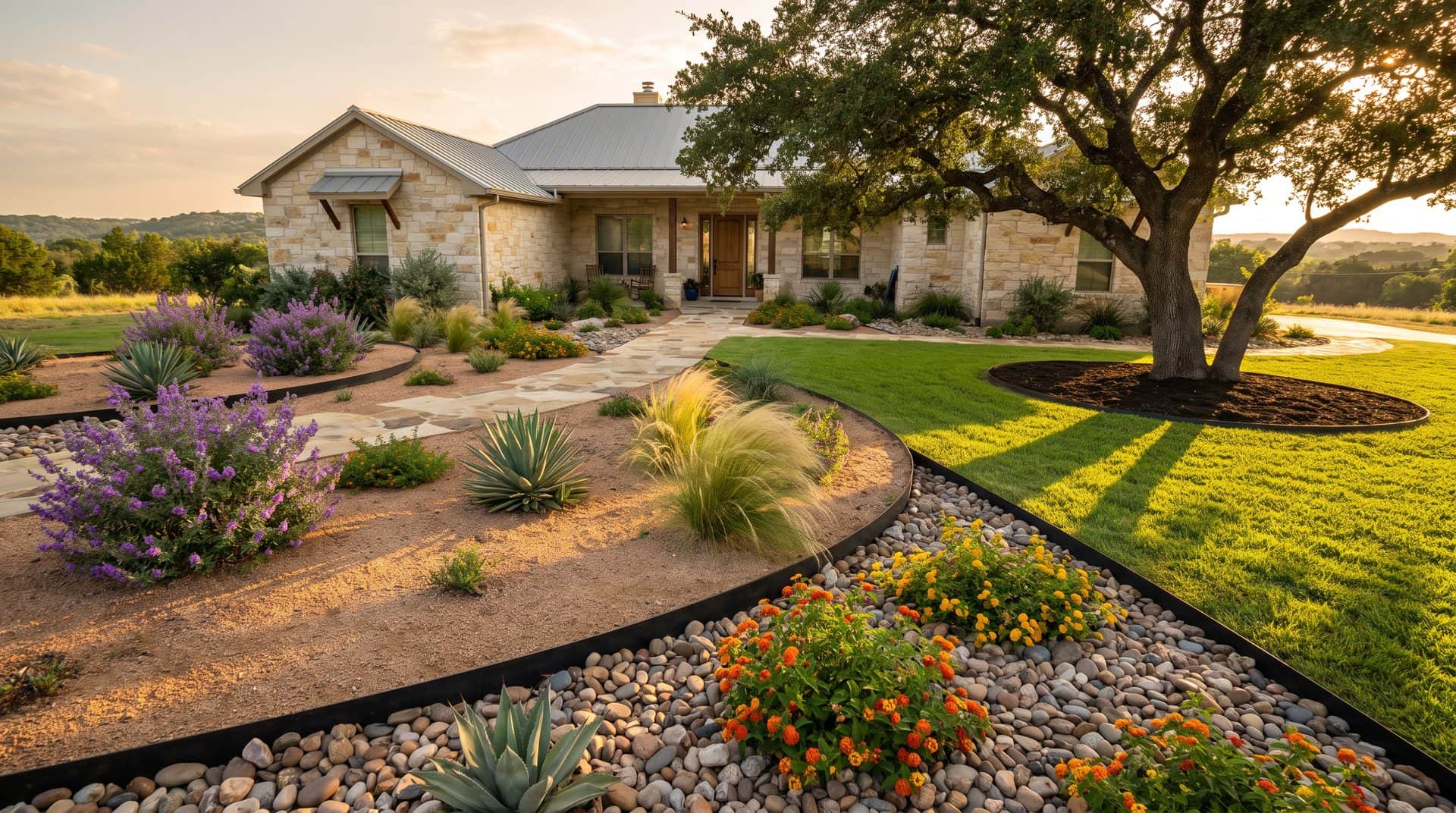 Xeriscape front yard with decomposed granite, native plants, black steel edging and a flagstone walk at a limestone Hill Country home