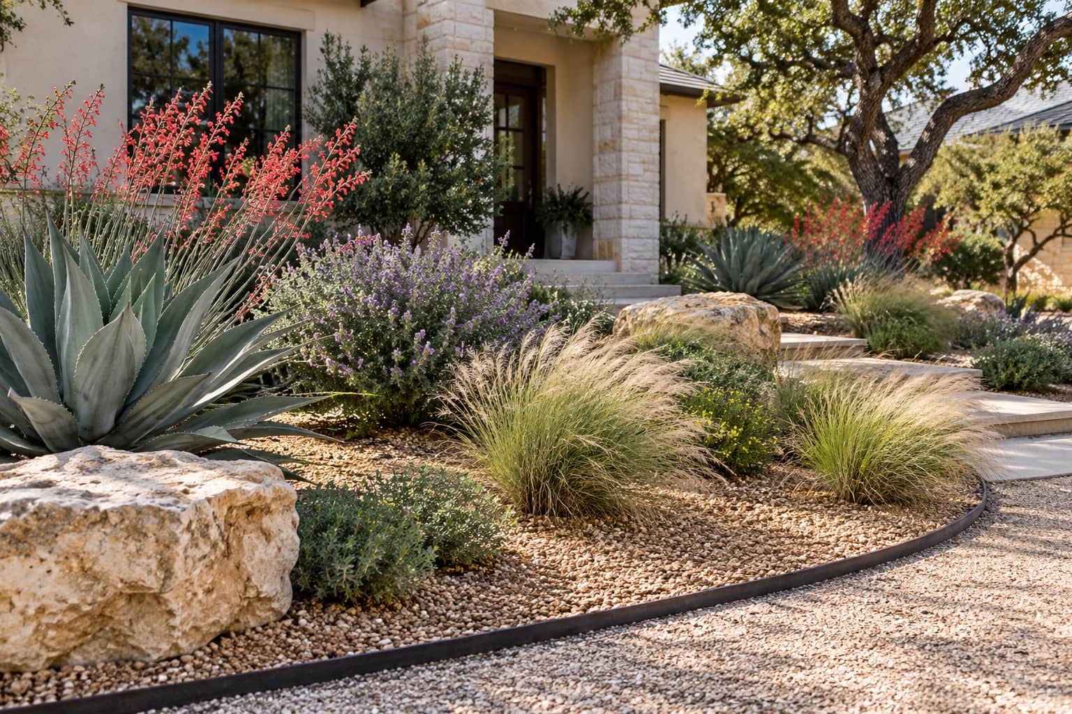 Xeriscape bed with decomposed granite, agave and steel edging at a limestone home
