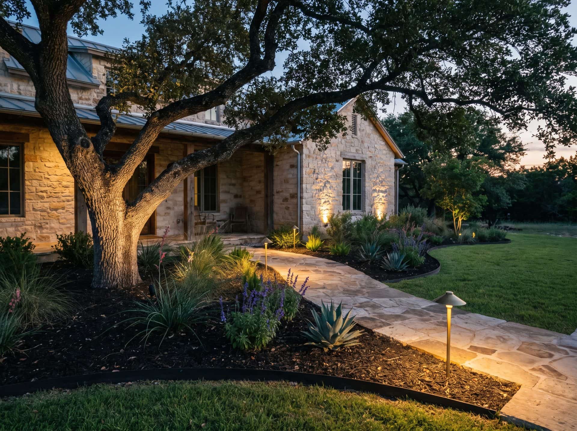 Low-voltage path lights along a flagstone walk and uplights on a live oak at a limestone home at dusk