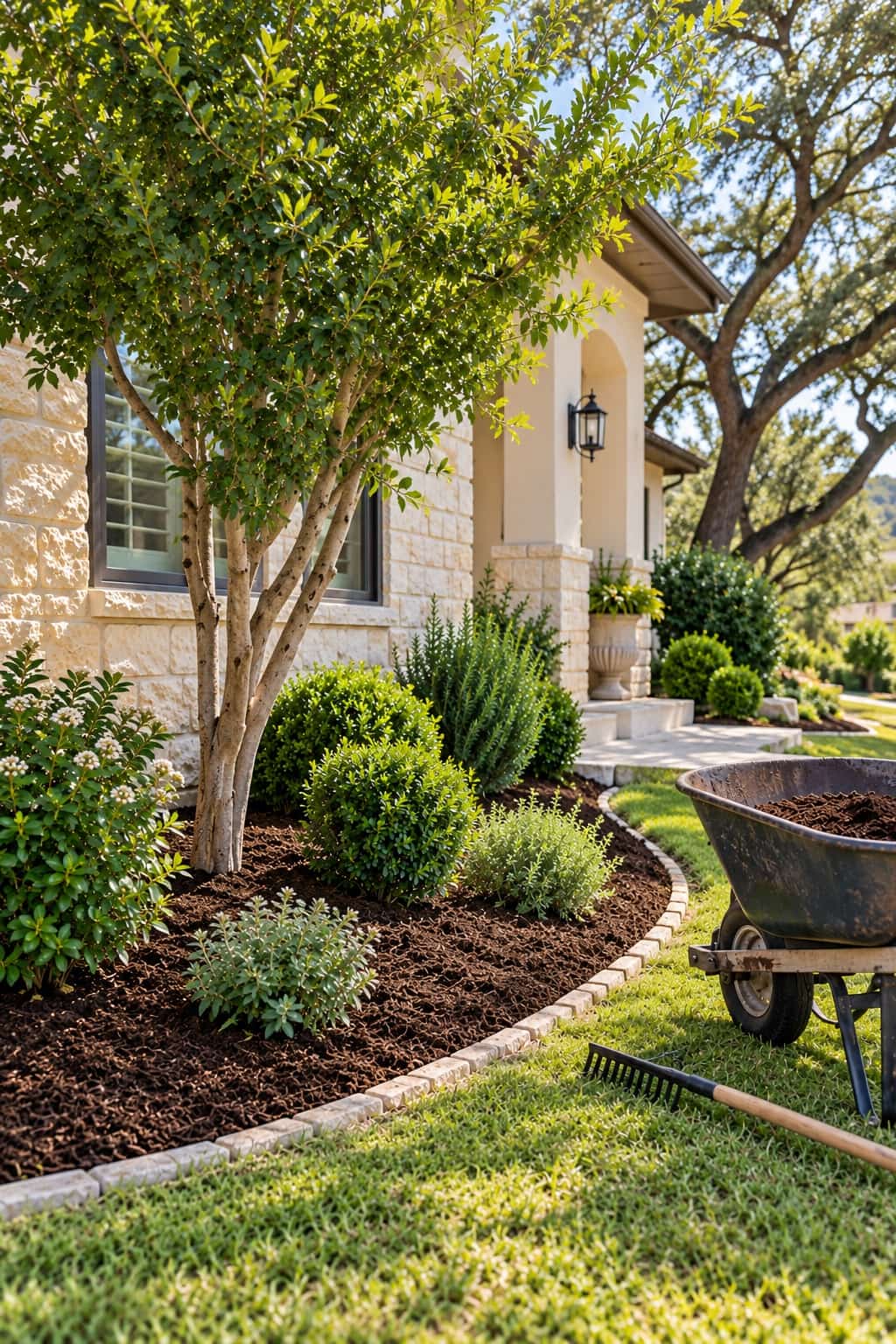A planting bed with fresh mulch around shrubs