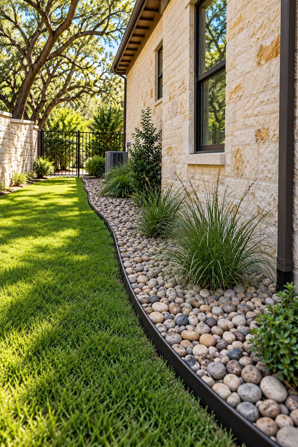 Decorative rock held in place by steel edging