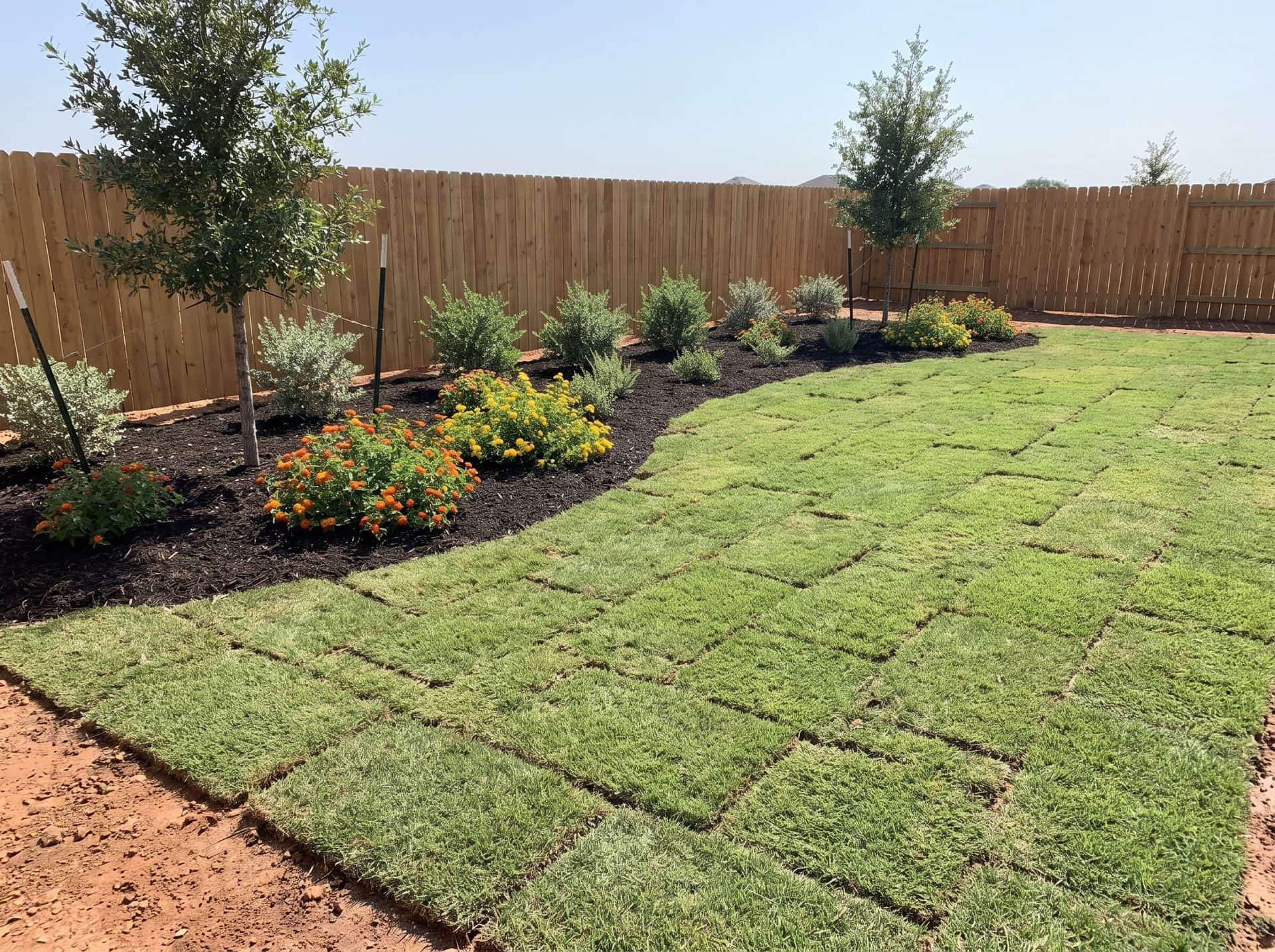 Fresh St. Augustine sod beside a new mulched bed of shrubs and lantana in a San Antonio backyard