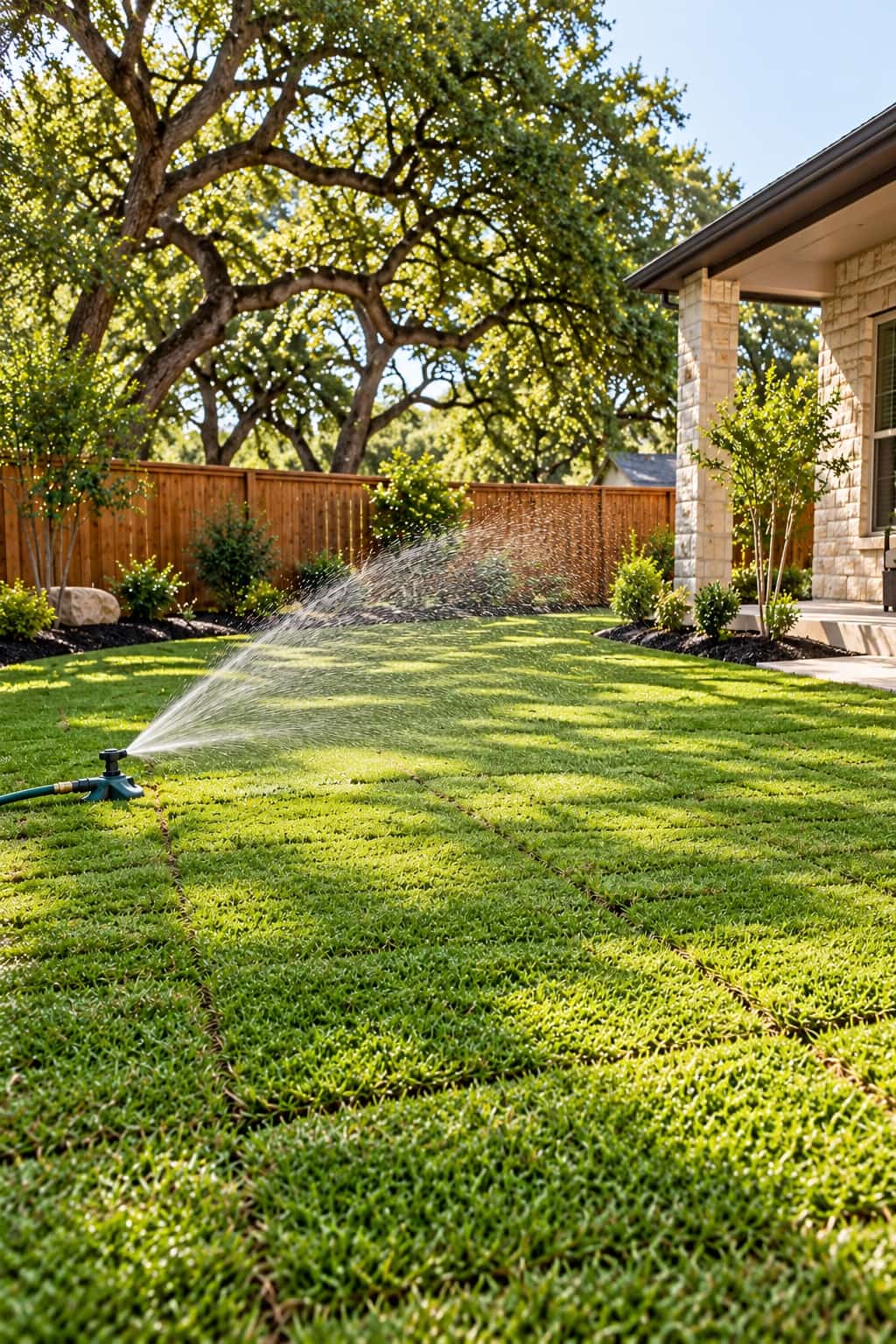 A finished lawn in full sun after sod installation