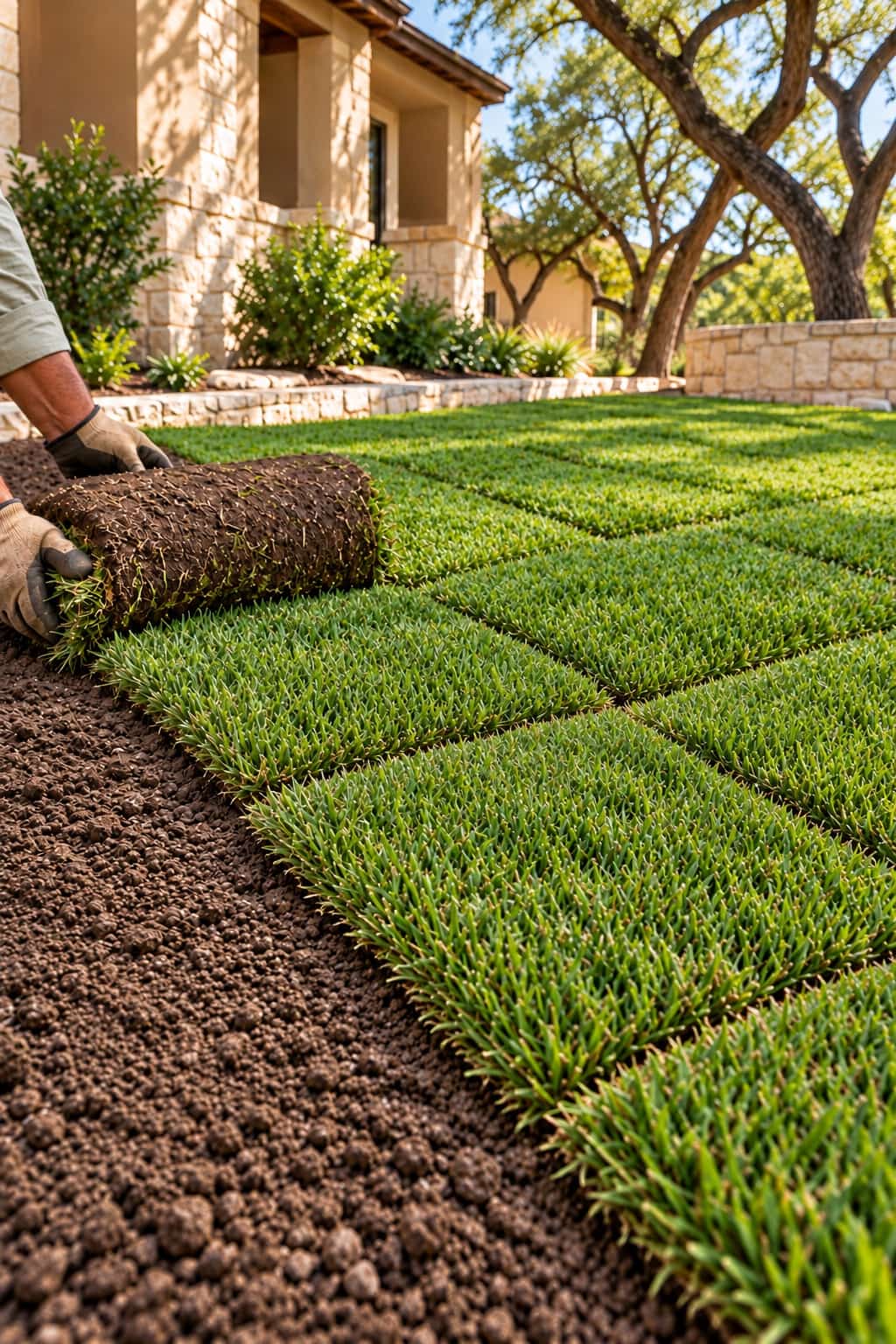 Sod rolls laid tight across a prepared yard