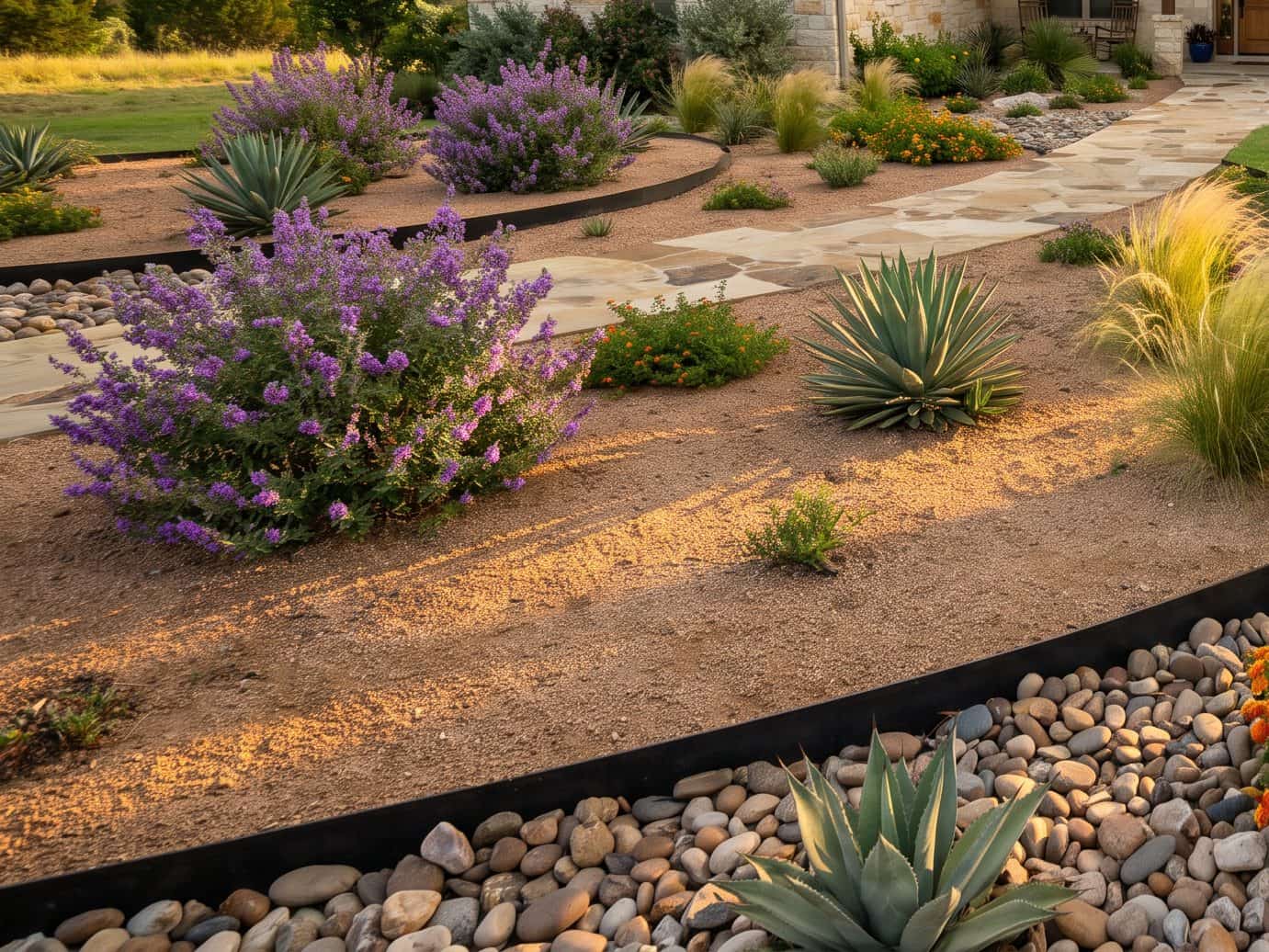 Xeriscape bed of decomposed granite and river rock with agave, Texas sage and feather grass