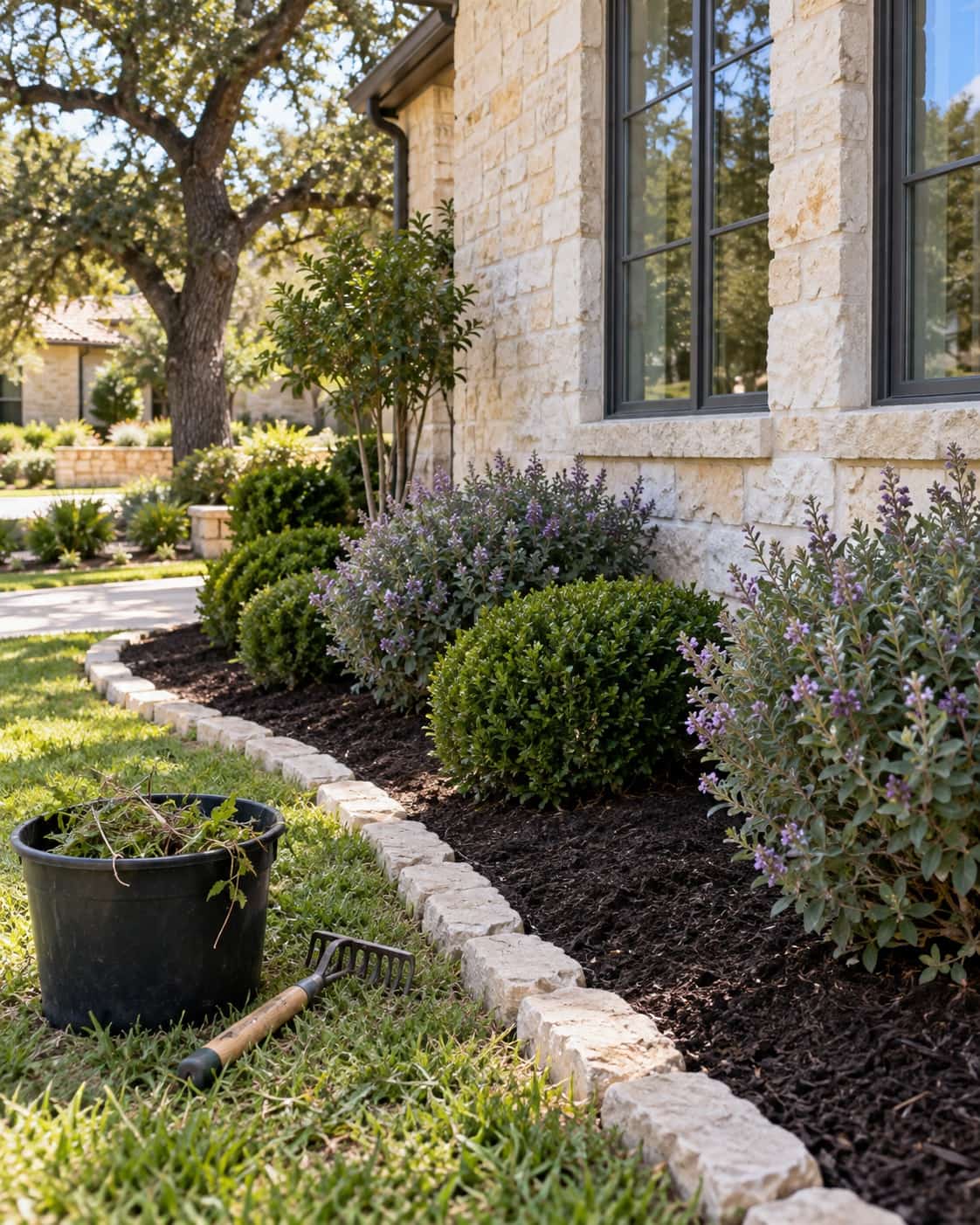 Maintained landscape bed adjoining a lawn