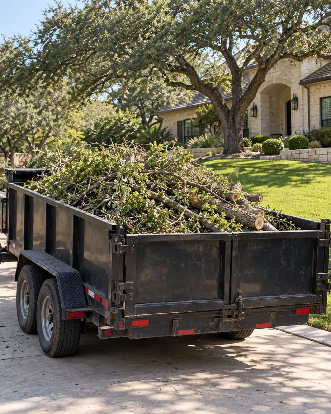 Gathered brush and landscape debris being removed
