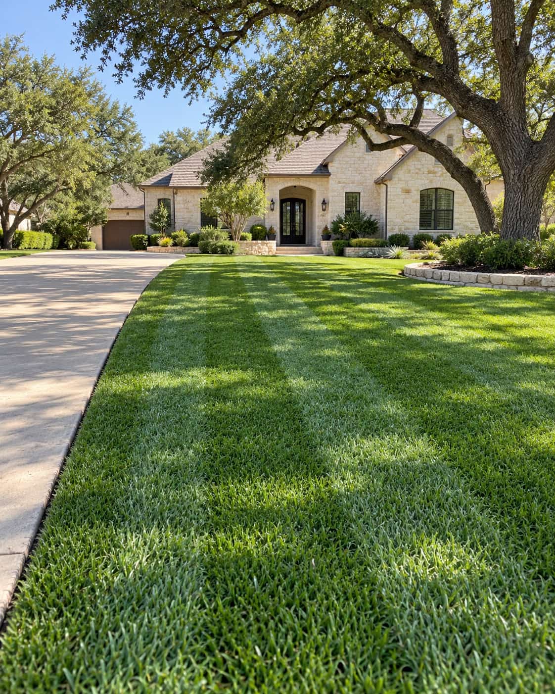 Freshly cut residential lawn with a crisp walkway edge