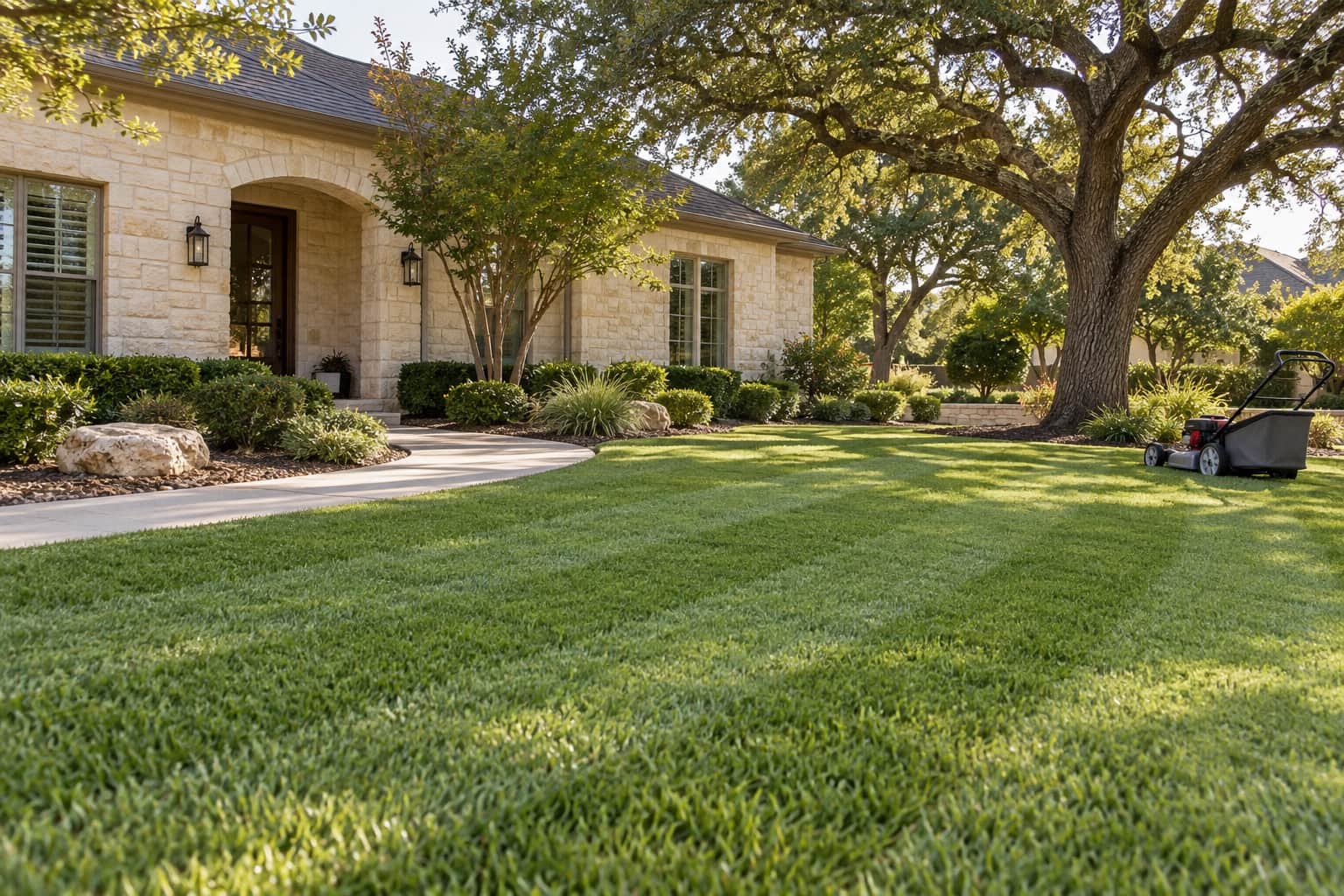Freshly mowed lawn with clean edges beside a house