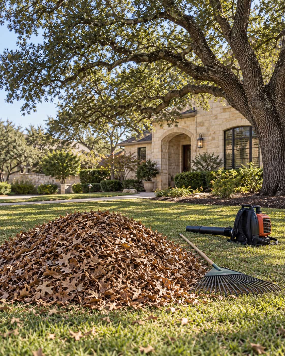 Fallen leaves gathered from a residential lawn
