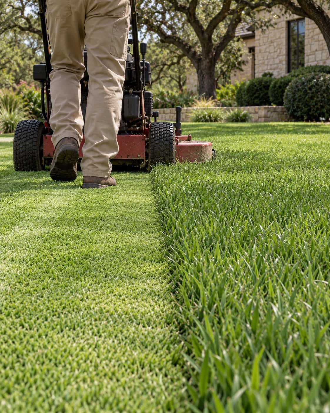 Fresh mowing passes across a green lawn