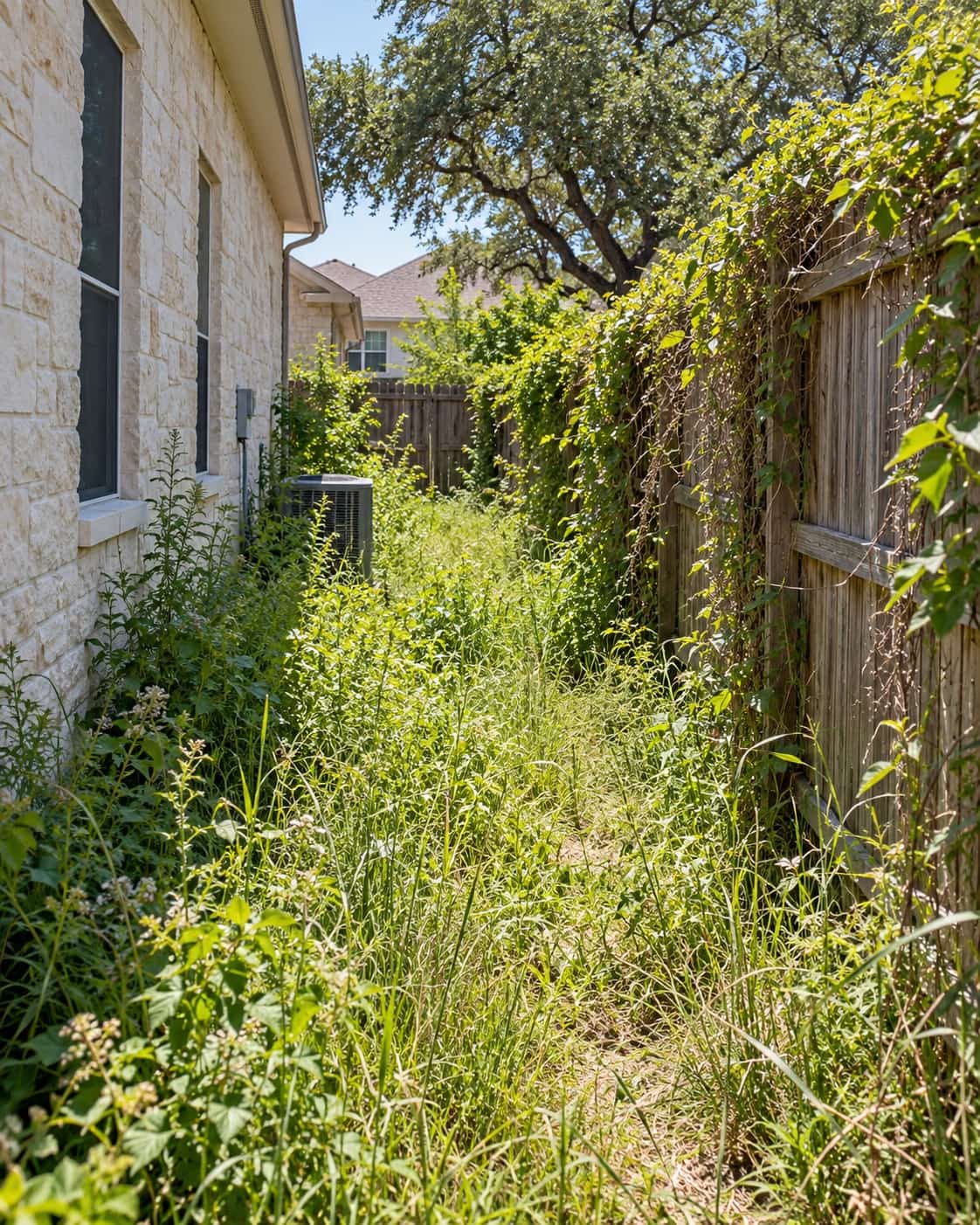 Overgrown residential yard before a cleanup