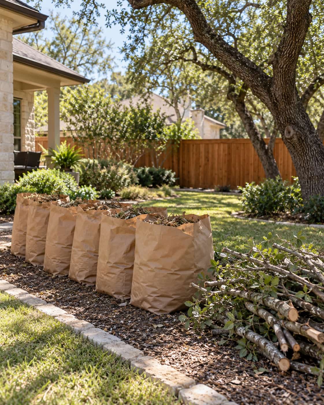 Bagged leaves and loose landscape debris after a yard cleanup