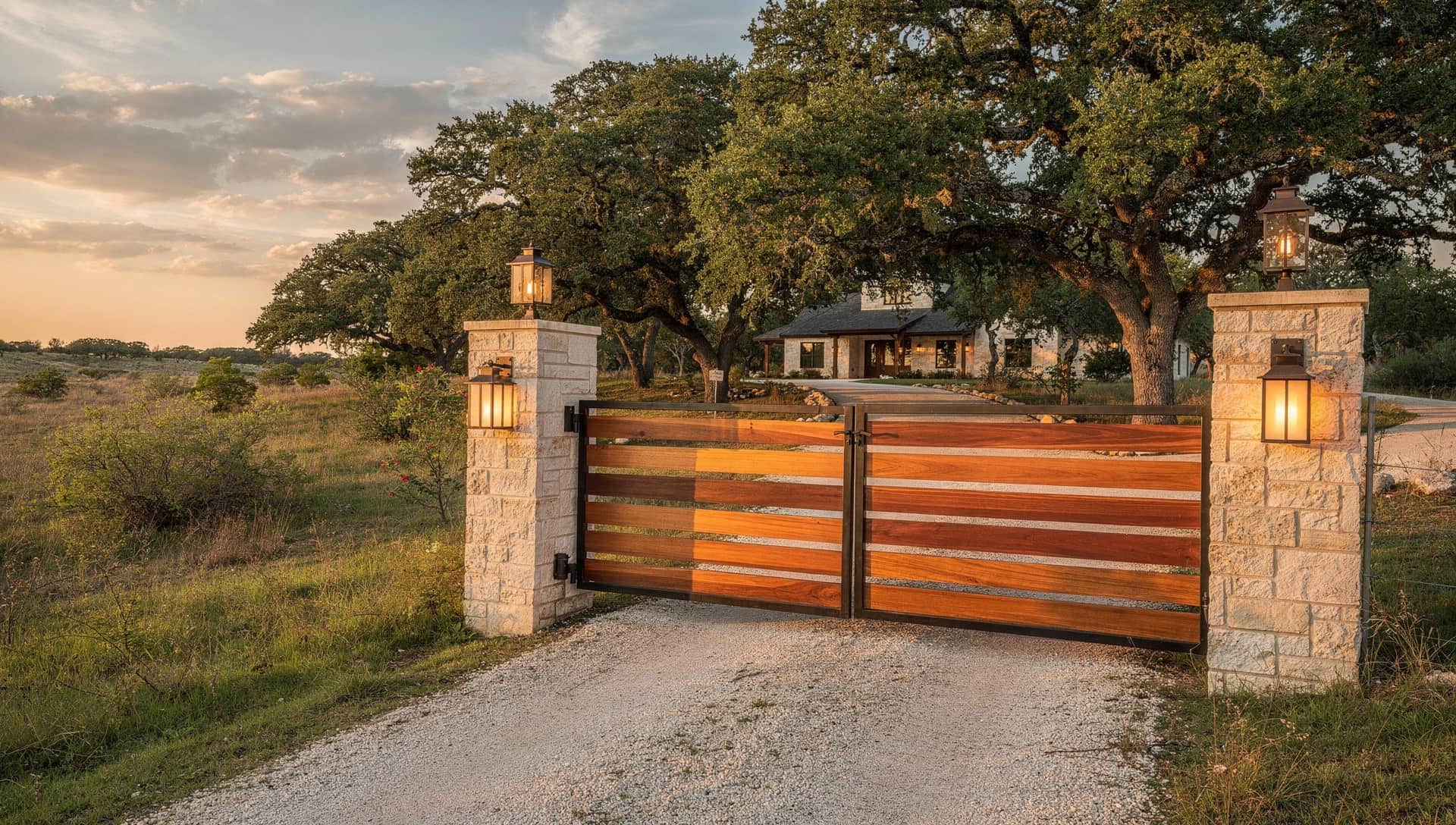 Black steel driveway gate with cedar infill between limestone columns at a Hill Country ranch home