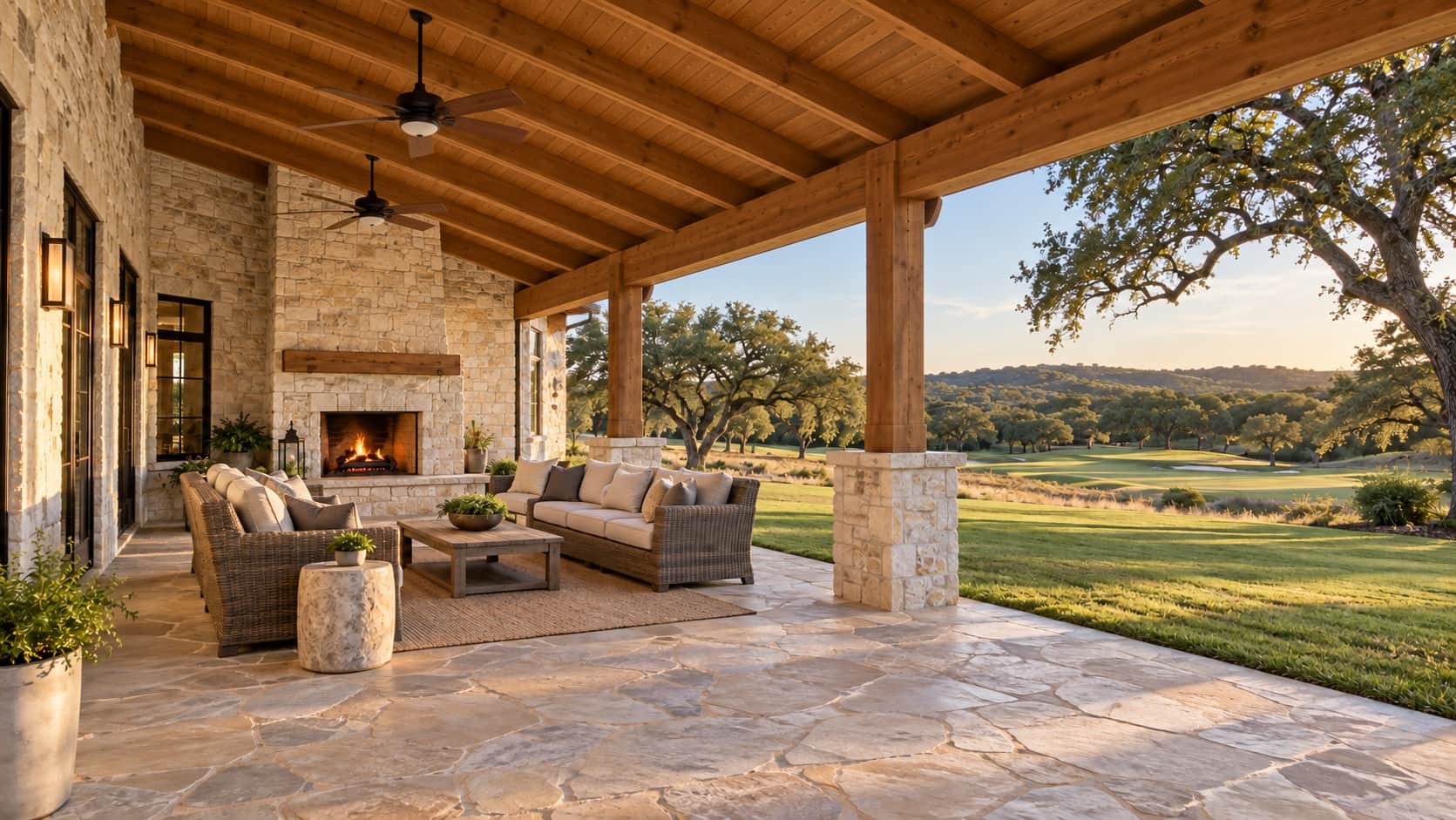 Covered patio with a cedar shed roof, ceiling fans and a stacked-limestone fireplace opening onto a golf fairway and live oaks, the kind Klema builds in Tapatio Springs