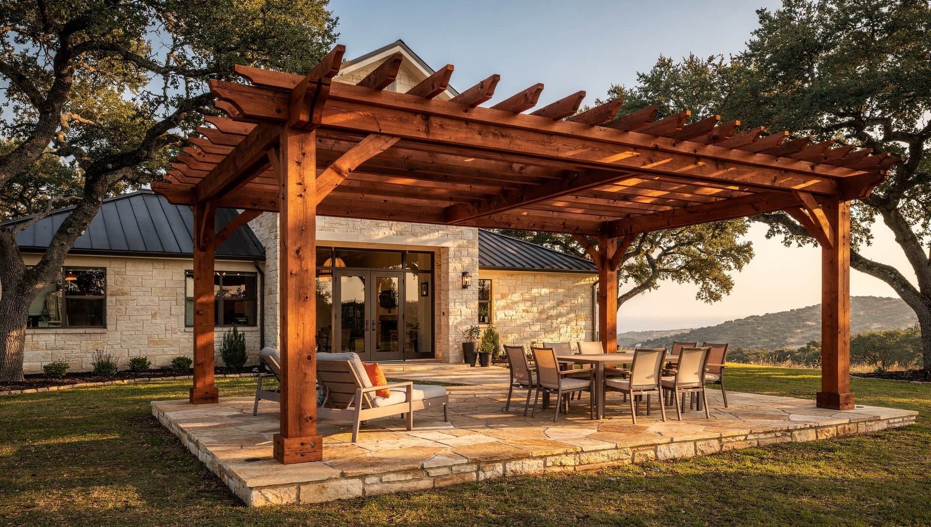 Stained cedar pergola over a flagstone patio, the kind Klema builds behind King William homes