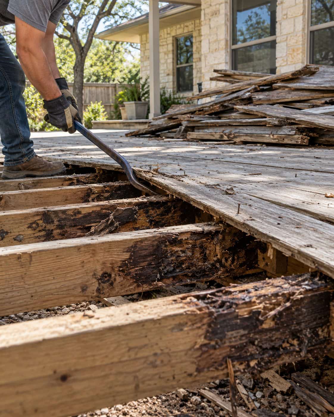 Rotten gray deck boards pried up over dark, rotted joists during a deck removal at a limestone home in San Antonio